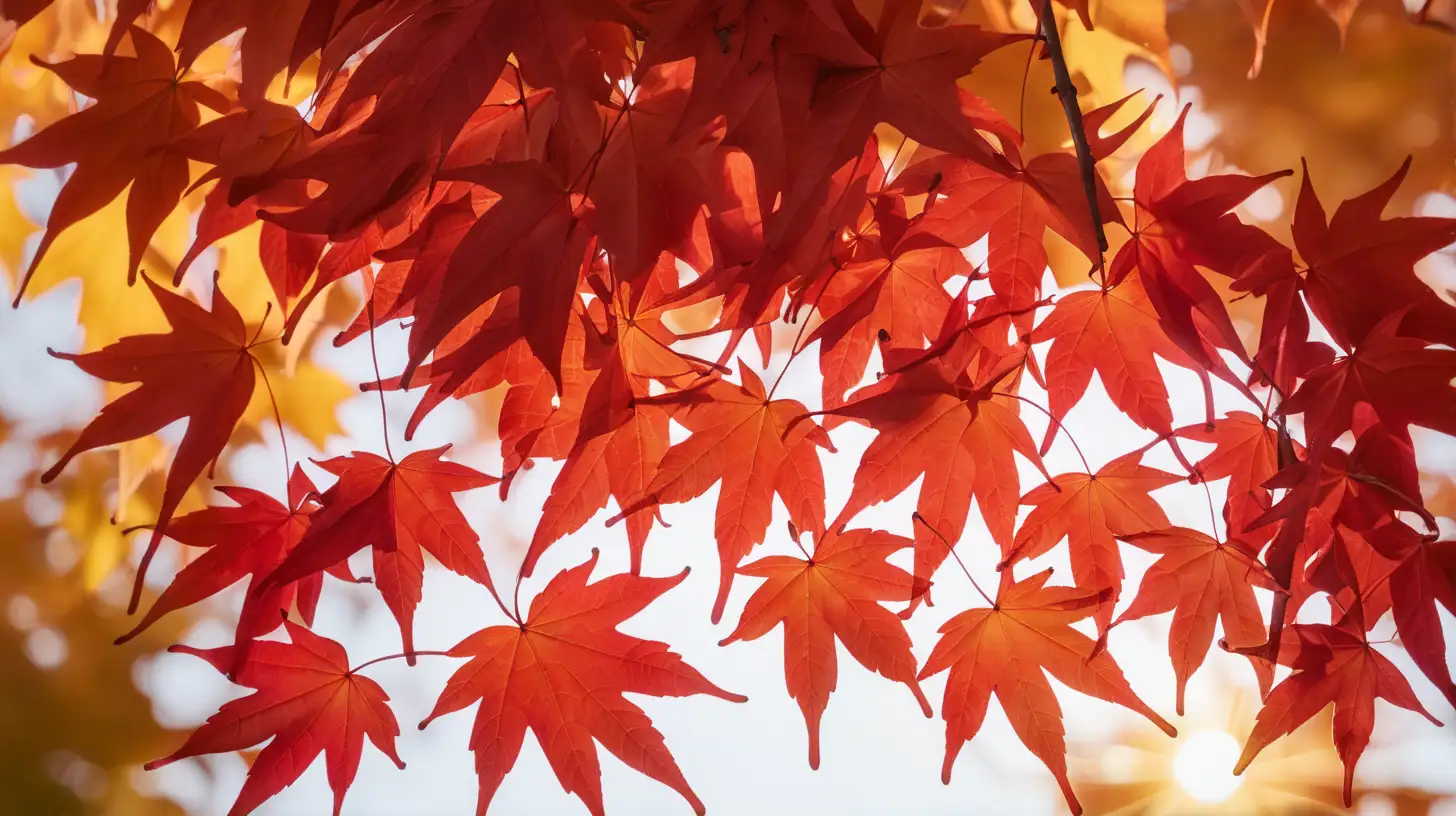 A close-up shot of vibrant red maple leaves cascading down from a tree, contrasted against a backdrop of golden sunlight filtering through the branches.