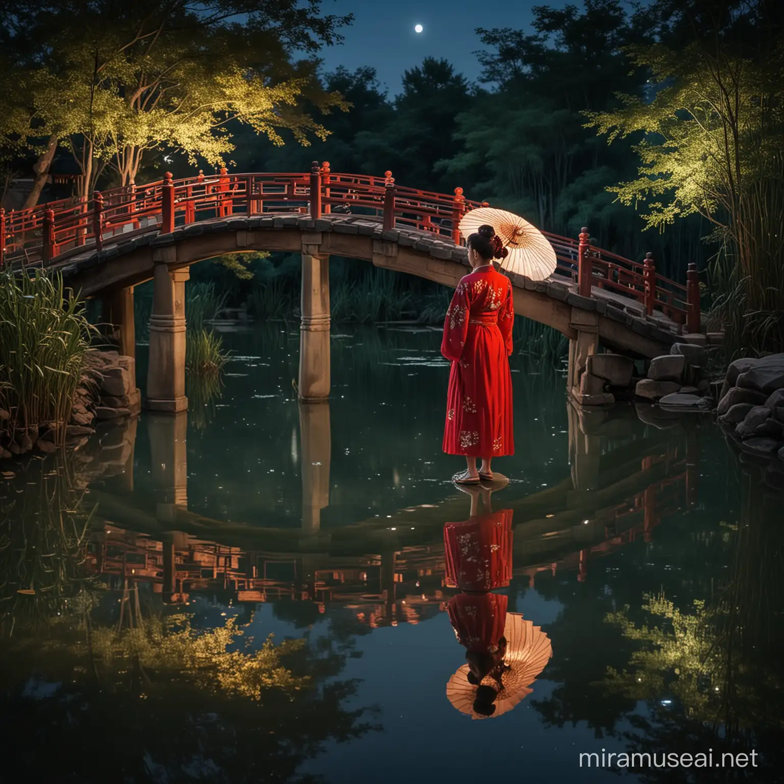 Moonlight is shining on the pond in the middle of the night.
The eyes of men and women are big and the color of their eyes is brown.
Men and women have distinct characteristics.
The man and woman are wearing Chinese style clothes. 
The color of the man's top and bottom is blue.
The color of a woman's top and bottom is red.
And the man and woman are wearing Chinese shoes.
There are bridges and pavilions near the pond.
There's no one around.
The two are on the bridge.
It's a romantic atmosphere.