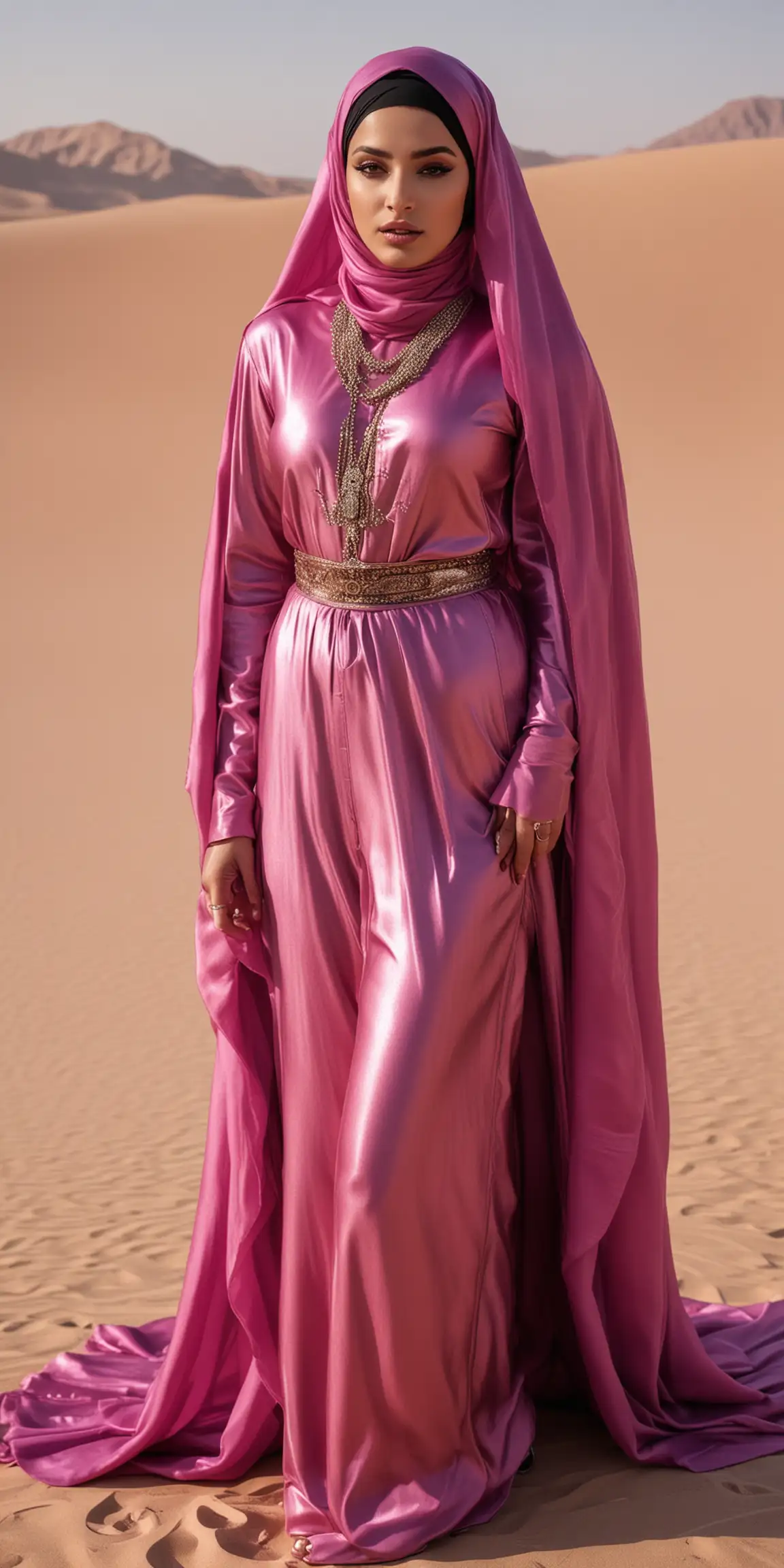 Remote luxury desert oasis. Newlywed, Fair-skinned, shy, big-breasted Niqabi Arab Muslimah in heavy gaudy bridal lipstick makeup & jewellery and 5” patent leather Louboutin heels is wearing a magenta shiny lustrous metallic silk chiffon billowing pants with a metallic niqab long, loose, drapey fabric *hides her face*.