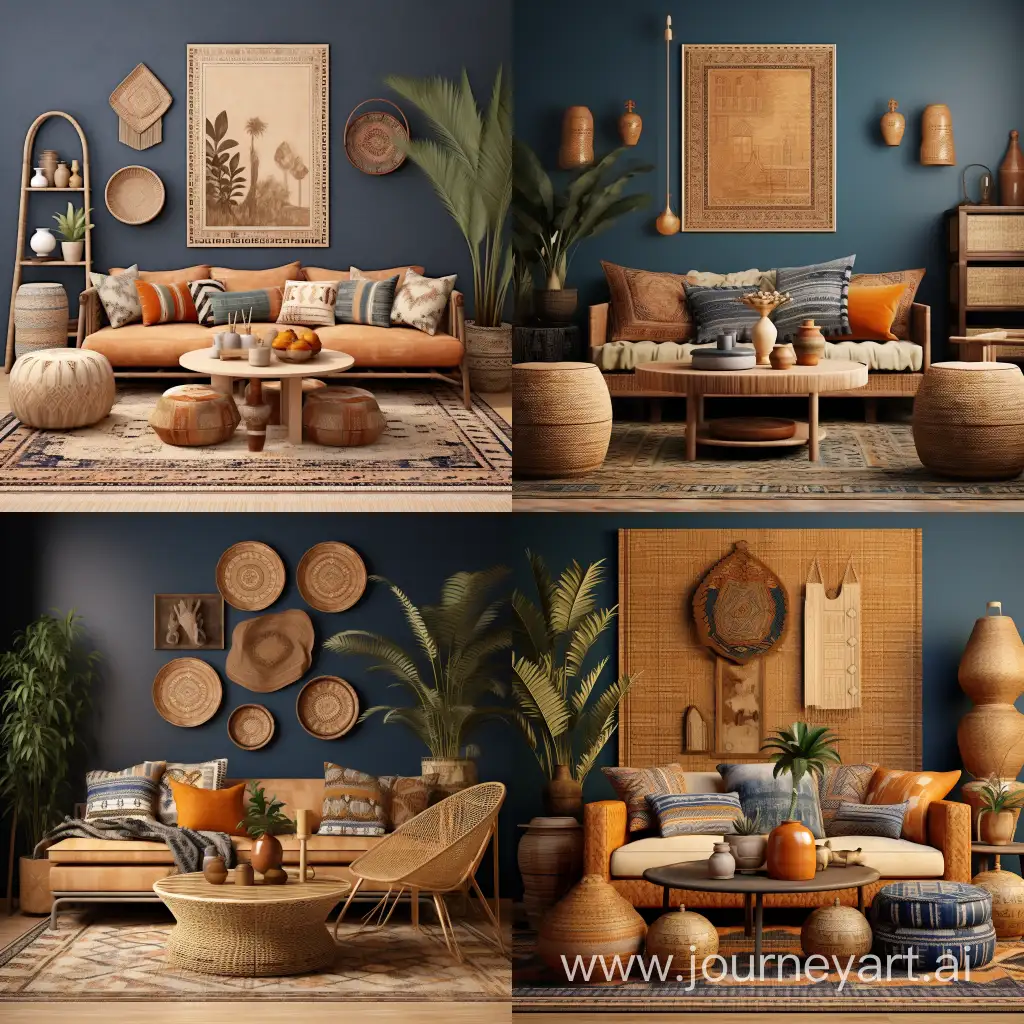 bohemian living room, bohem interior design style,
warm neutral colors with deep blue terracotta and
gold accent colors, patterns wallpaper in walls, wood
furnitures rattan table, accessories carpet cushions
and art wor
