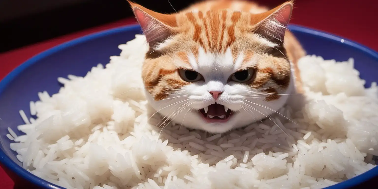 the most furious cute cat in the universe eating  lots of rice

