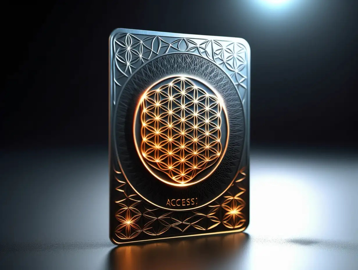 metallic futuristic access card with the flower of life burned on it, nothing written on it, high quality, 8K