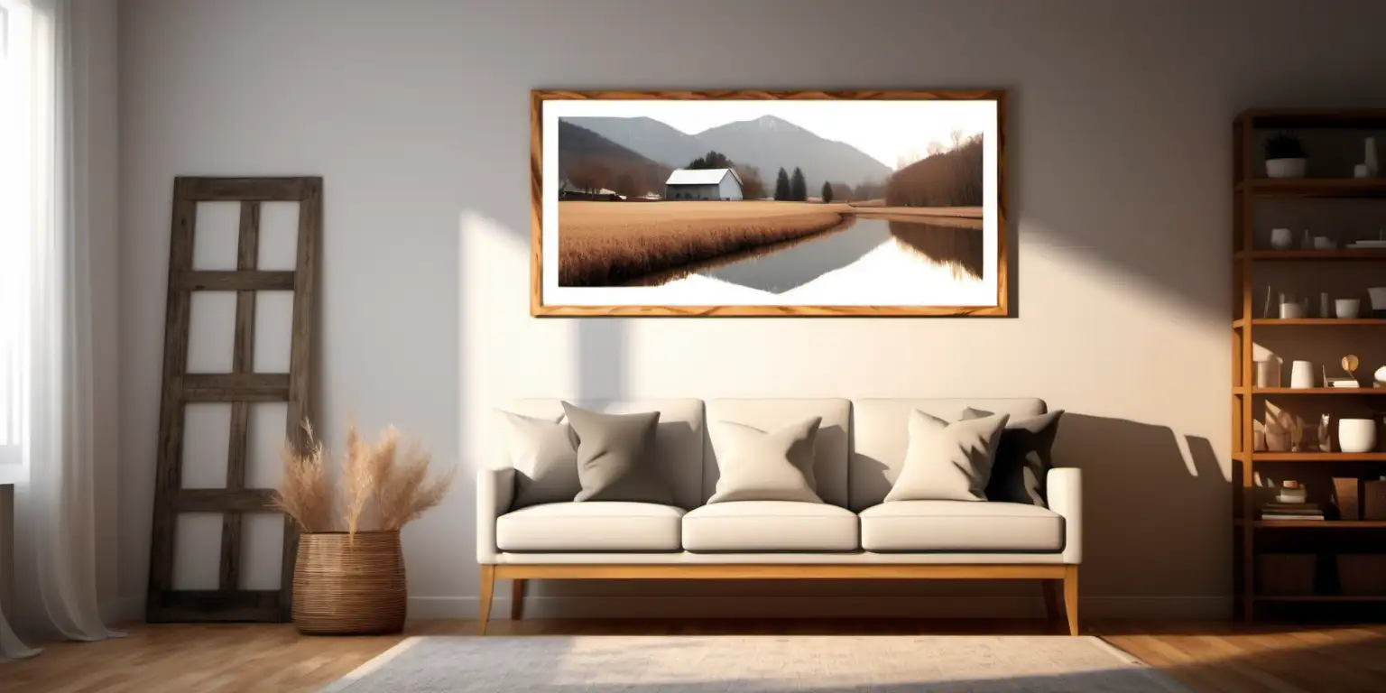 Cozy Farmhouse Living Room Wooden Poster Frame Mockup