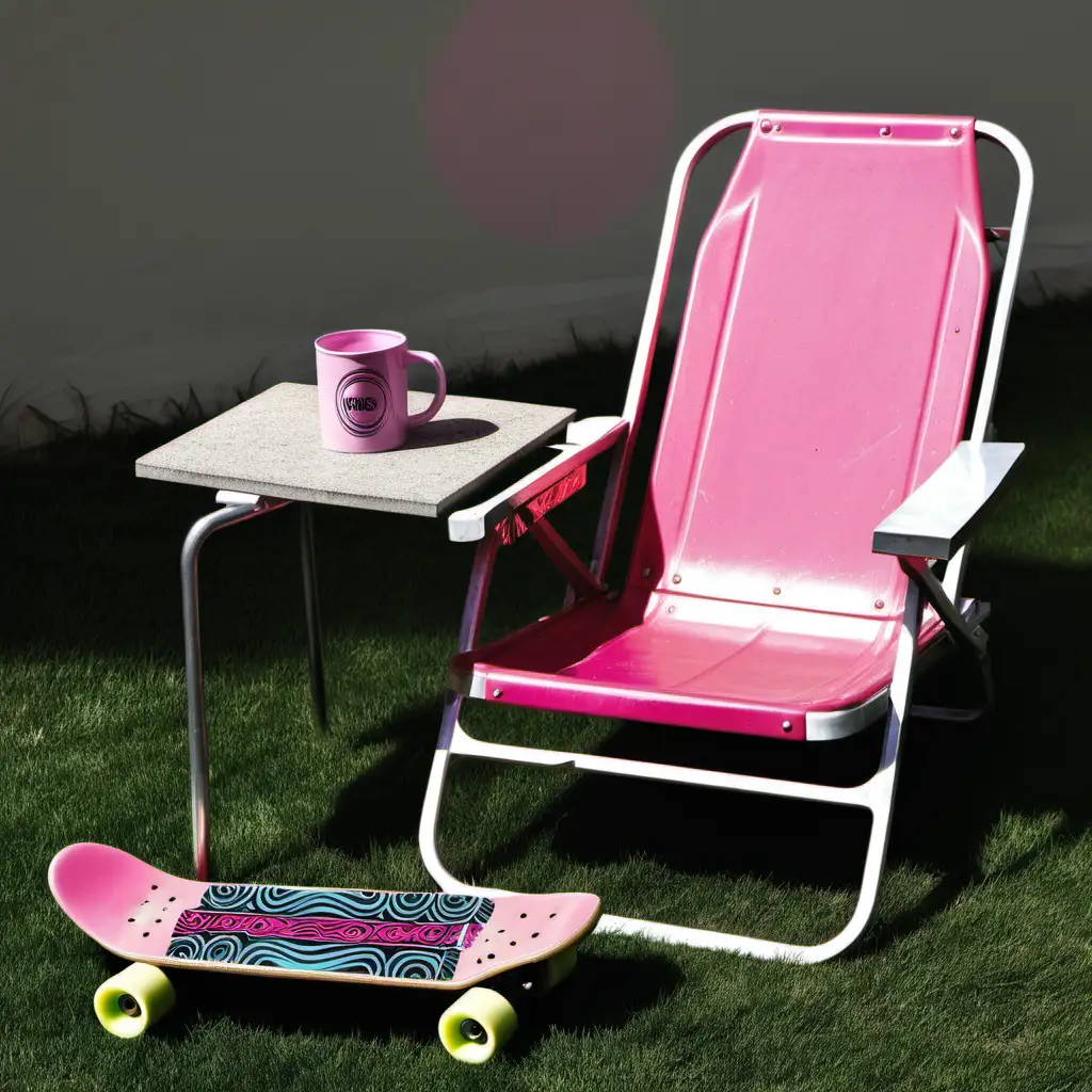 Vintage 70s Lawn Chair with Pink Accents and Skateboard