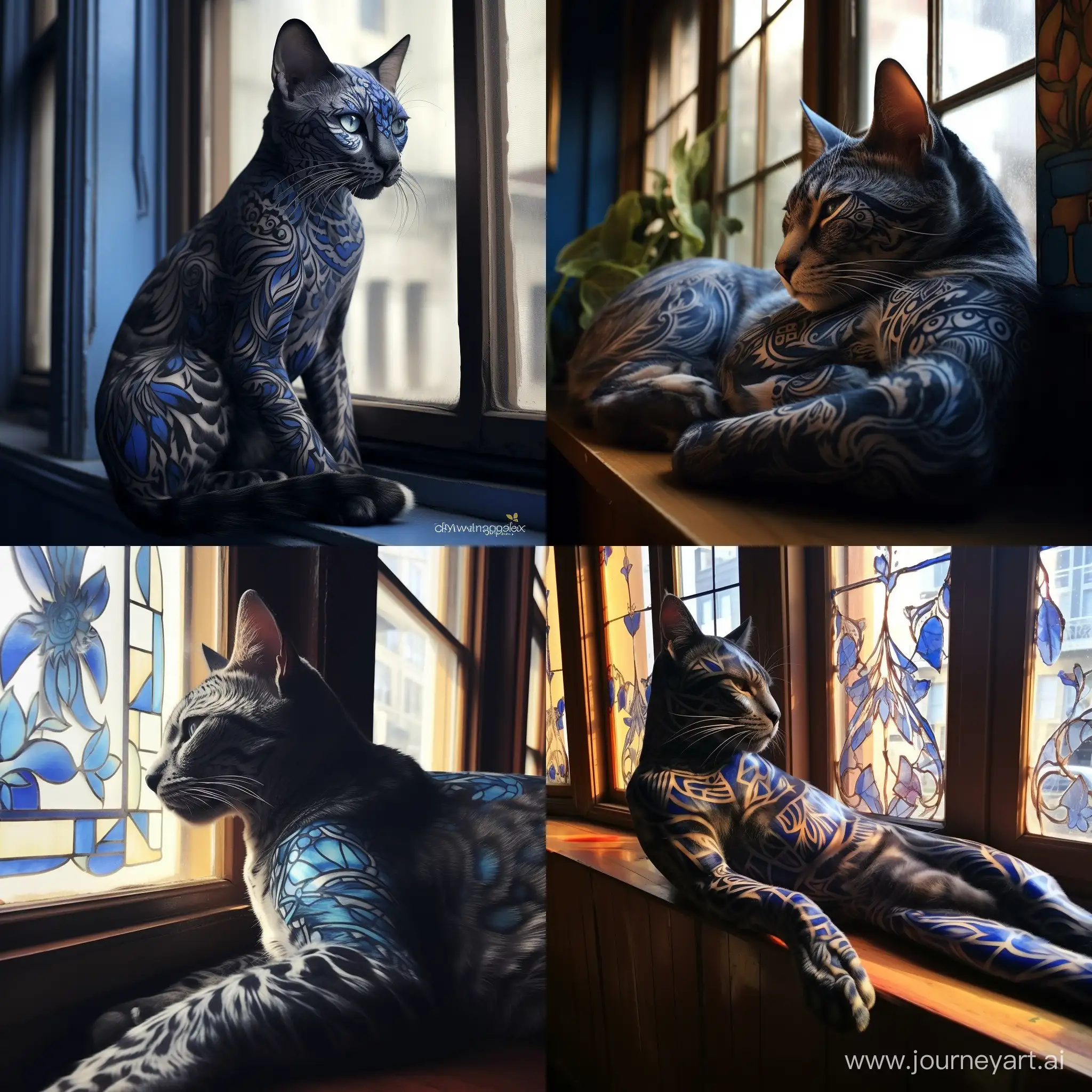 Tattoo. голубая кошка с черными узорами лениво разлеглась на фоне окна, мягкий свет проникает через окна отбрасывая блики на кошку