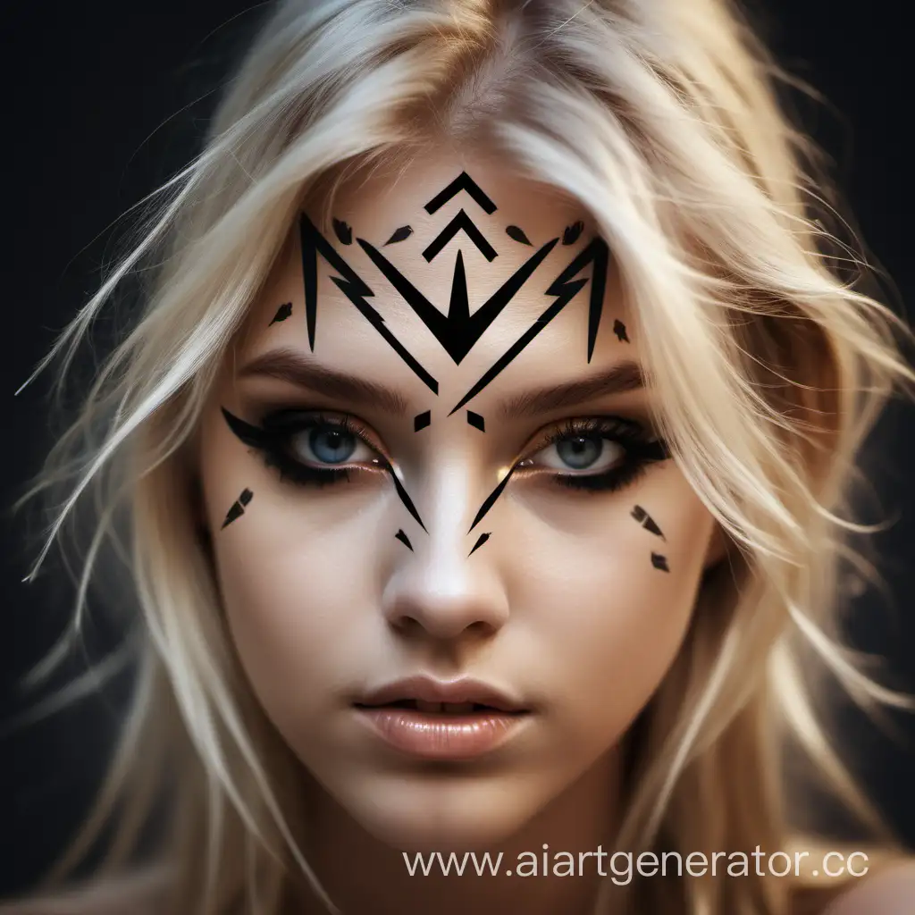 лицо девушки блондинки с нарисованными стрелками на глазах , красивая, реалистичное фото