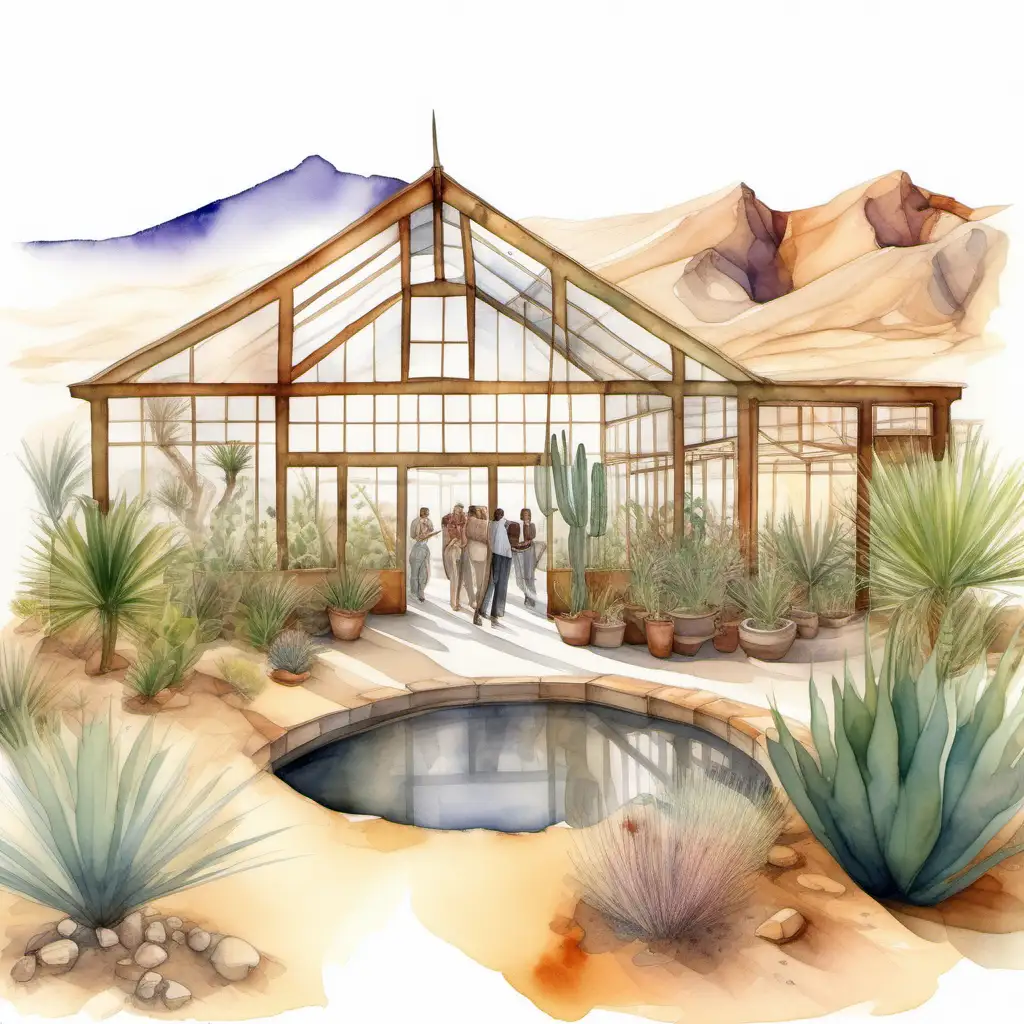 desert greenhouse, gable roof, with native African plants, fog inside with a small pond, sand dunes, adults celebrating a birthday drinks and dancing, watercolor