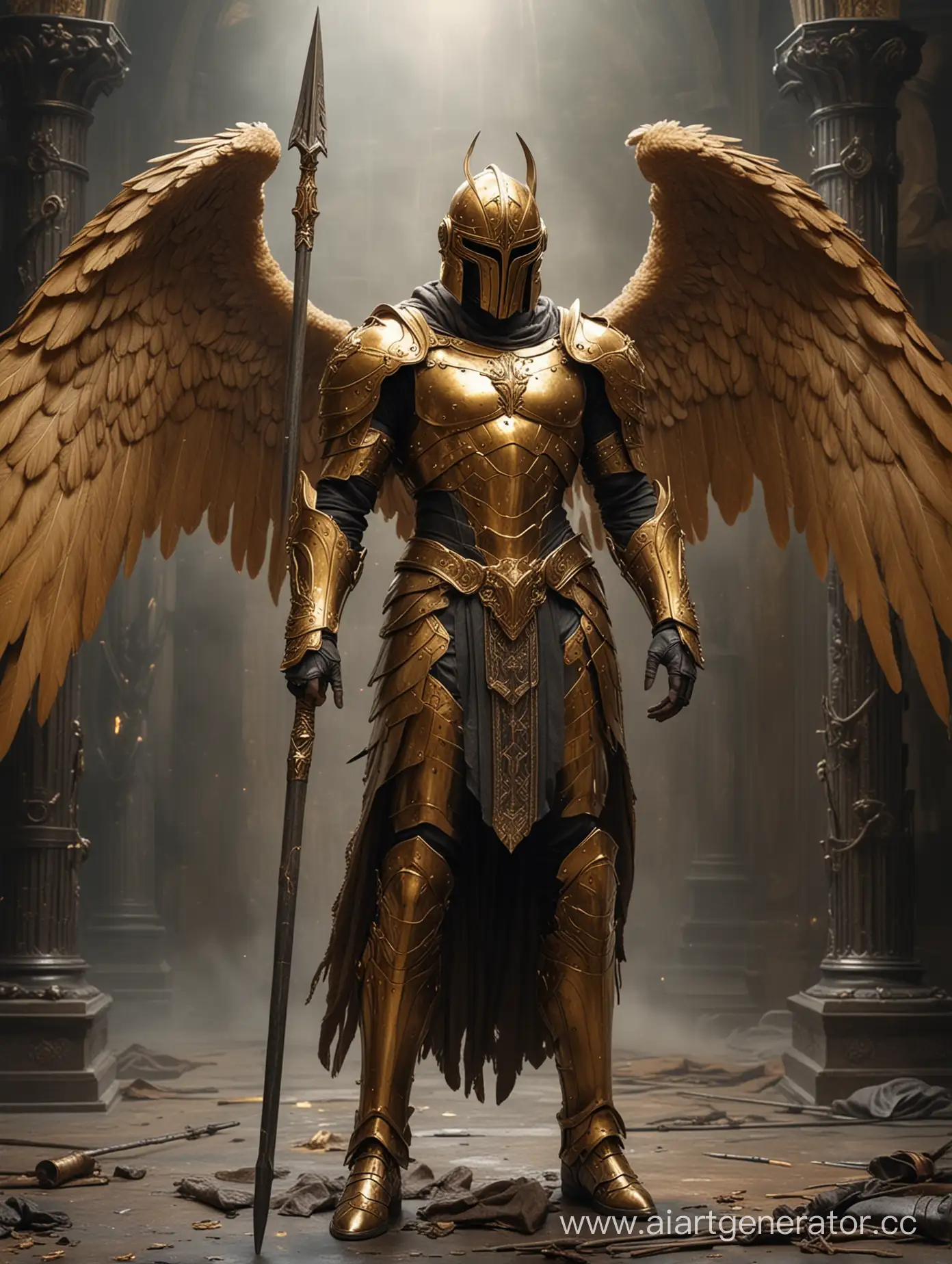 A tall and muscular angel, in golden armor, with a closed helmet, black holes in his eyes in the helmet, he holds a spear in his hands, his wings are lowered to the ground, he stands in an empty throne room