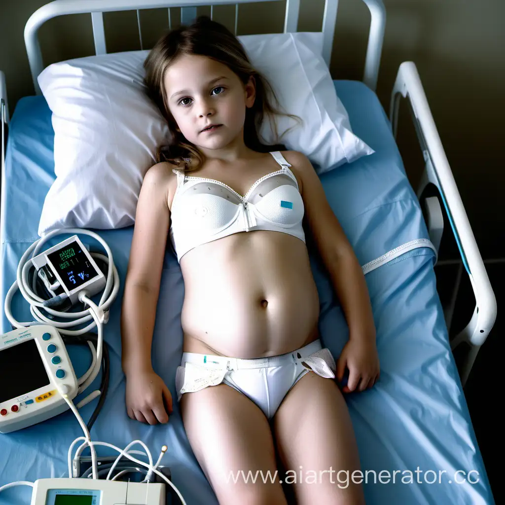 a white nine-year-old girl wearing white bra and panties, connected to a fetal monitor, laying on a bed in the hospital maternity ward, surrounded by heart monitors, a defibrillator, and lots of medical equipment. She just went into cardiac arrest.