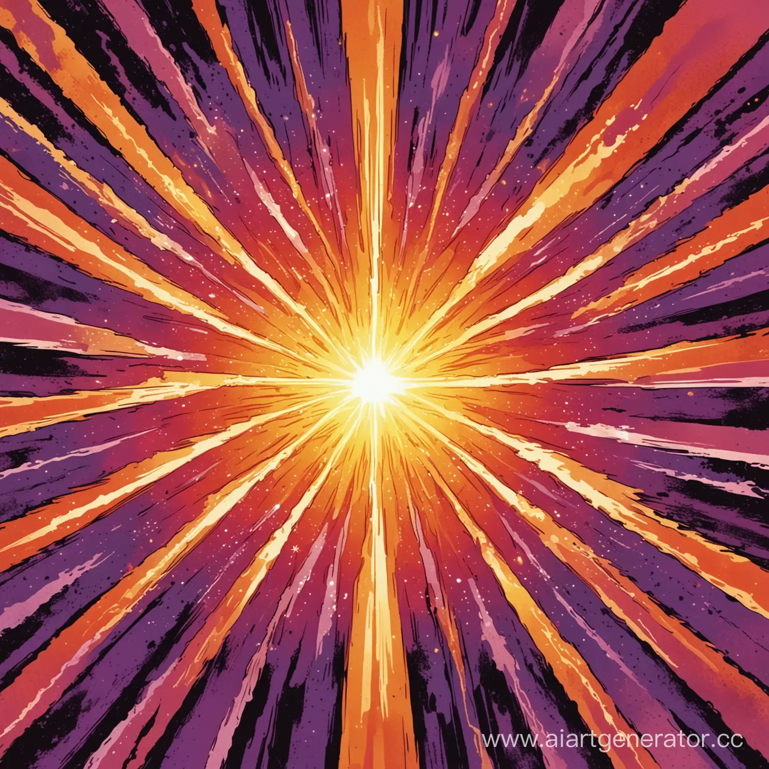 Картинка для постера как в комиксах с фиолетовым фоном, 7-8 красно-оранжевых лучей вылетающих из центра в разные стороны и жёлтое пламя по центру на переднем плане, перекрывающее всё остальное
