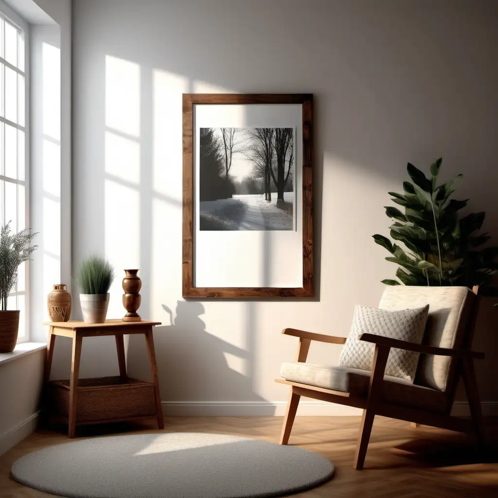 wooden poster white blank frame mockup, reflection, shadow overlay, cozy living room, farmhouse stlyle, warm room, 4K, exclude random objects,