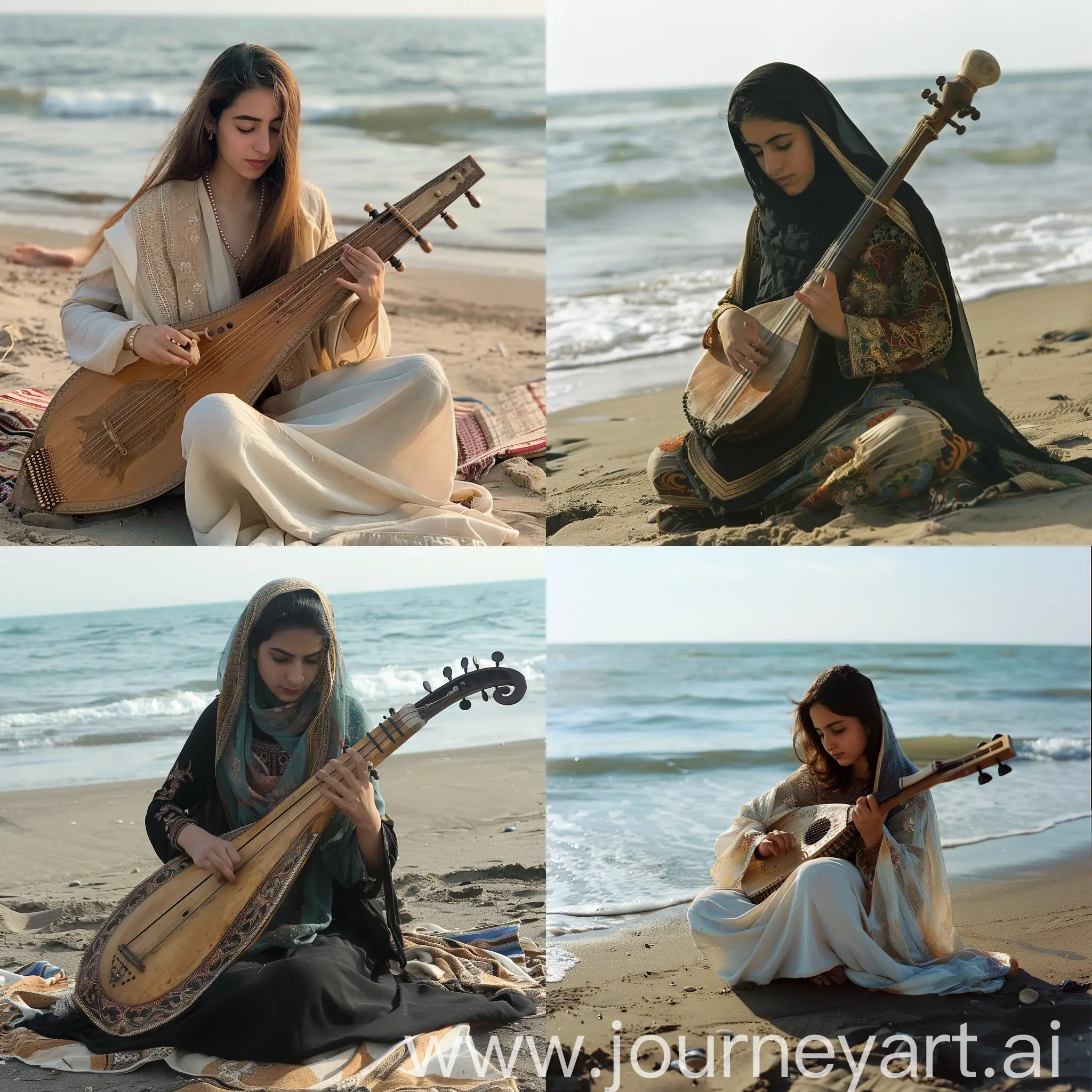 عکس دختر ایرانی کنار ساحل دریا در حال سه تار زدن بساز