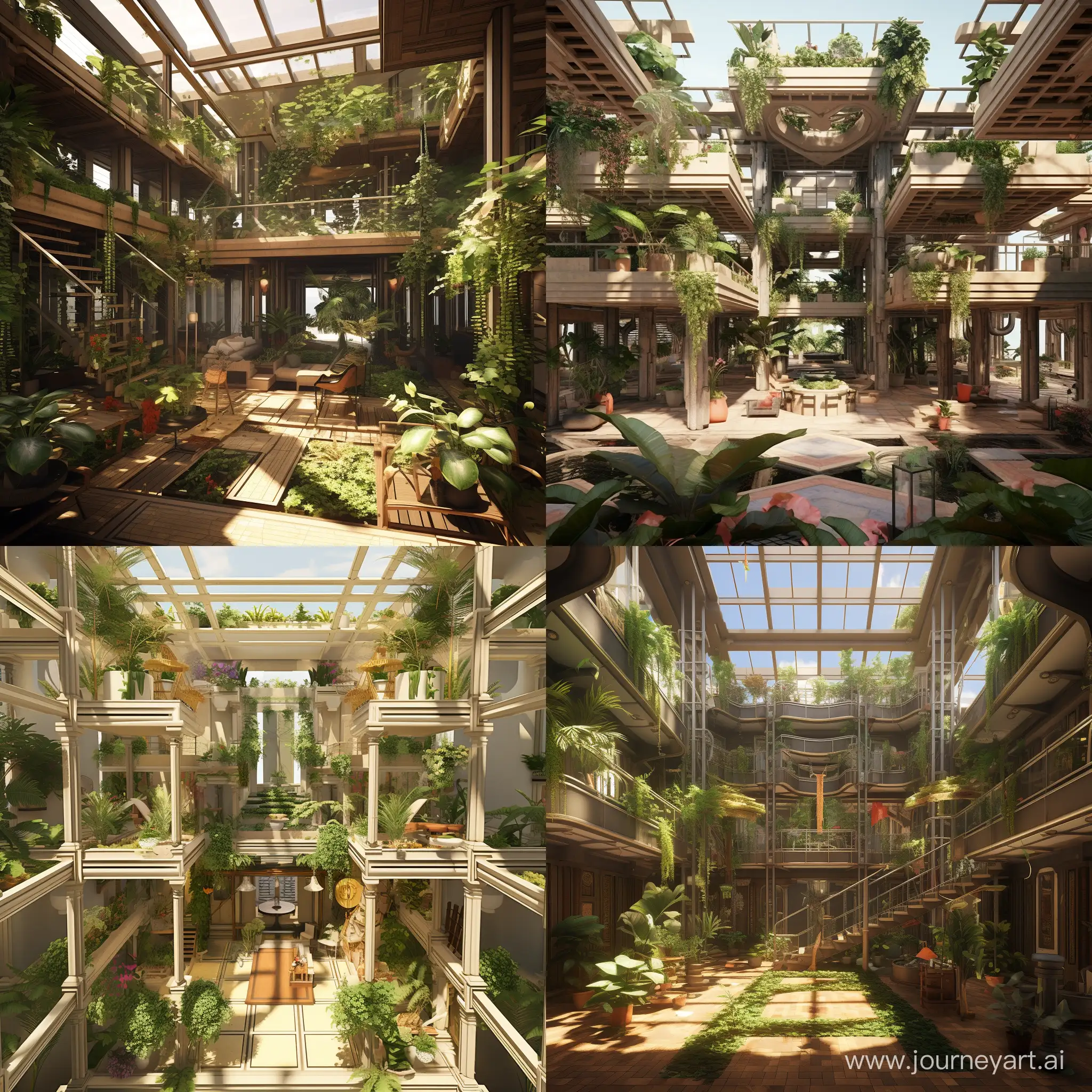 make a 4-floor small building with beams and columns with an atrium open to the sky the atrium is connected with the outside , and atrium consists of lots of plants with unique designs with different level slabs coming out of each floor with plants vertical and horizontal placed 