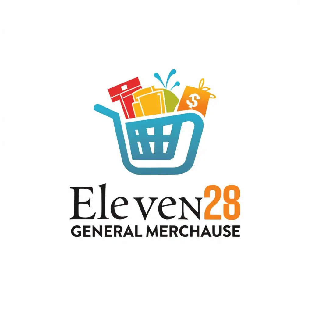 a logo design,with the text "ELEVEN28 
General Merchandise", main symbol:Infinity Symbol, Feng Shui Wealth Symbol and a shopping cart full of everything,Moderate,be used in Retail industry,clear background