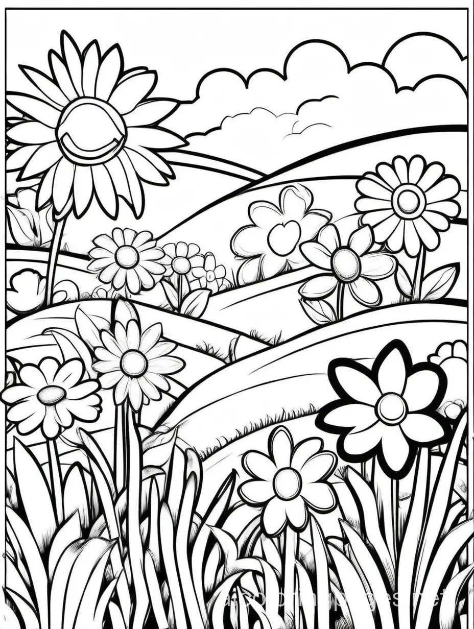 """
happy friendly playful Spring Flowers in a Meadow coloring book page for kids, Coloring Page, black and white, line art, white background, Simplicity, Ample White Space. The background of the coloring page is plain white to make it easy for young children to color within the lines. The outlines of all the subjects are easy to distinguish, making it simple for kids to color without too much difficulty, Coloring Page, black and white, line art, white background, Simplicity, Ample White Space. The background of the coloring page is plain white to make it easy for young children to color within the lines. The outlines of all the subjects are easy to distinguish, making it simple for kids to color without too much difficulty
"""