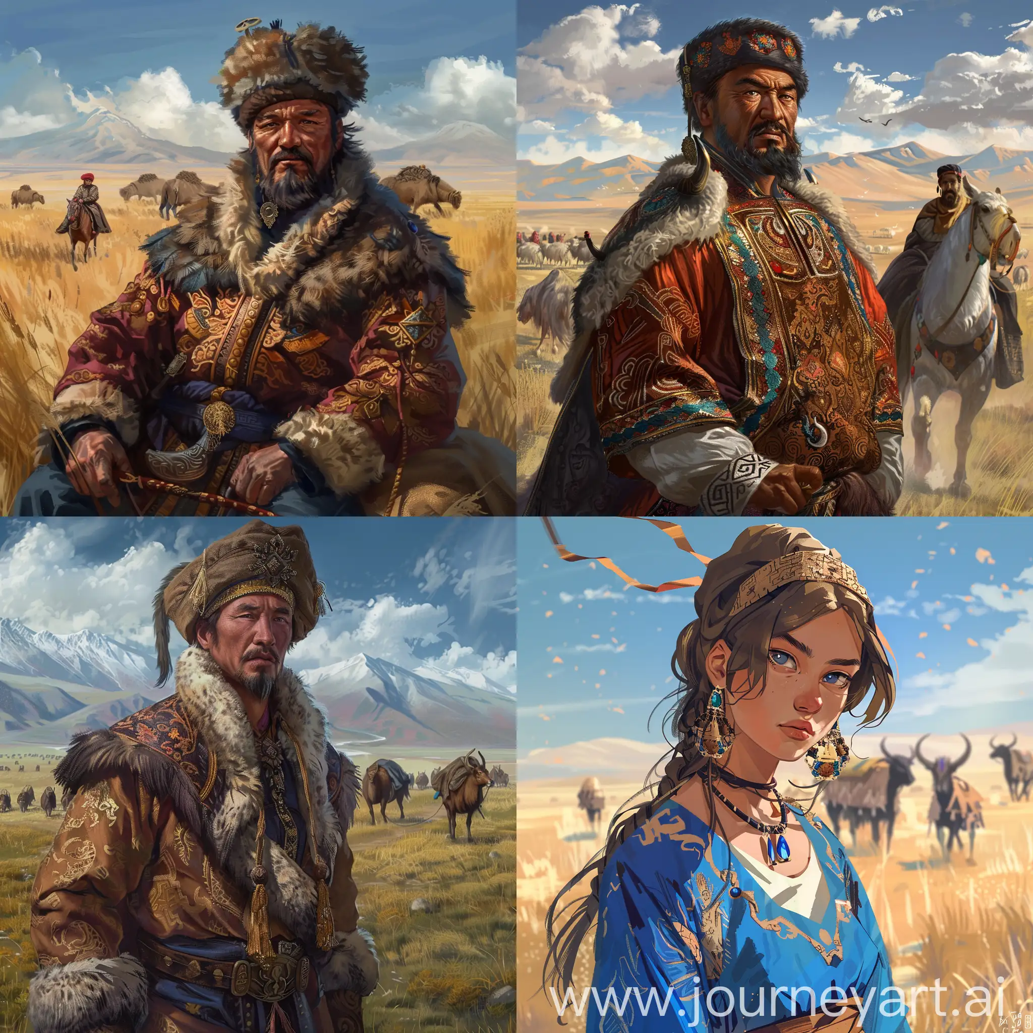 Kazakh nomads are roaming in the background and in the foreground is our kazakh character, now in Kazakh costume something national, digital art