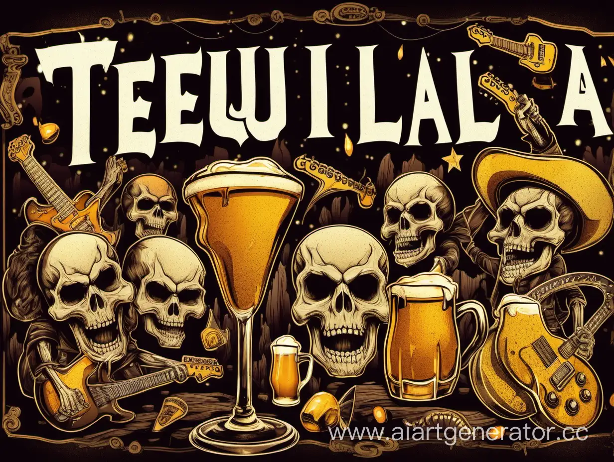 фон меню ночного бара с названием "Tequi la la". 
по середине черепа с электрогитарами.
добавить бокалы пива и шоты с разными коктейлями.




