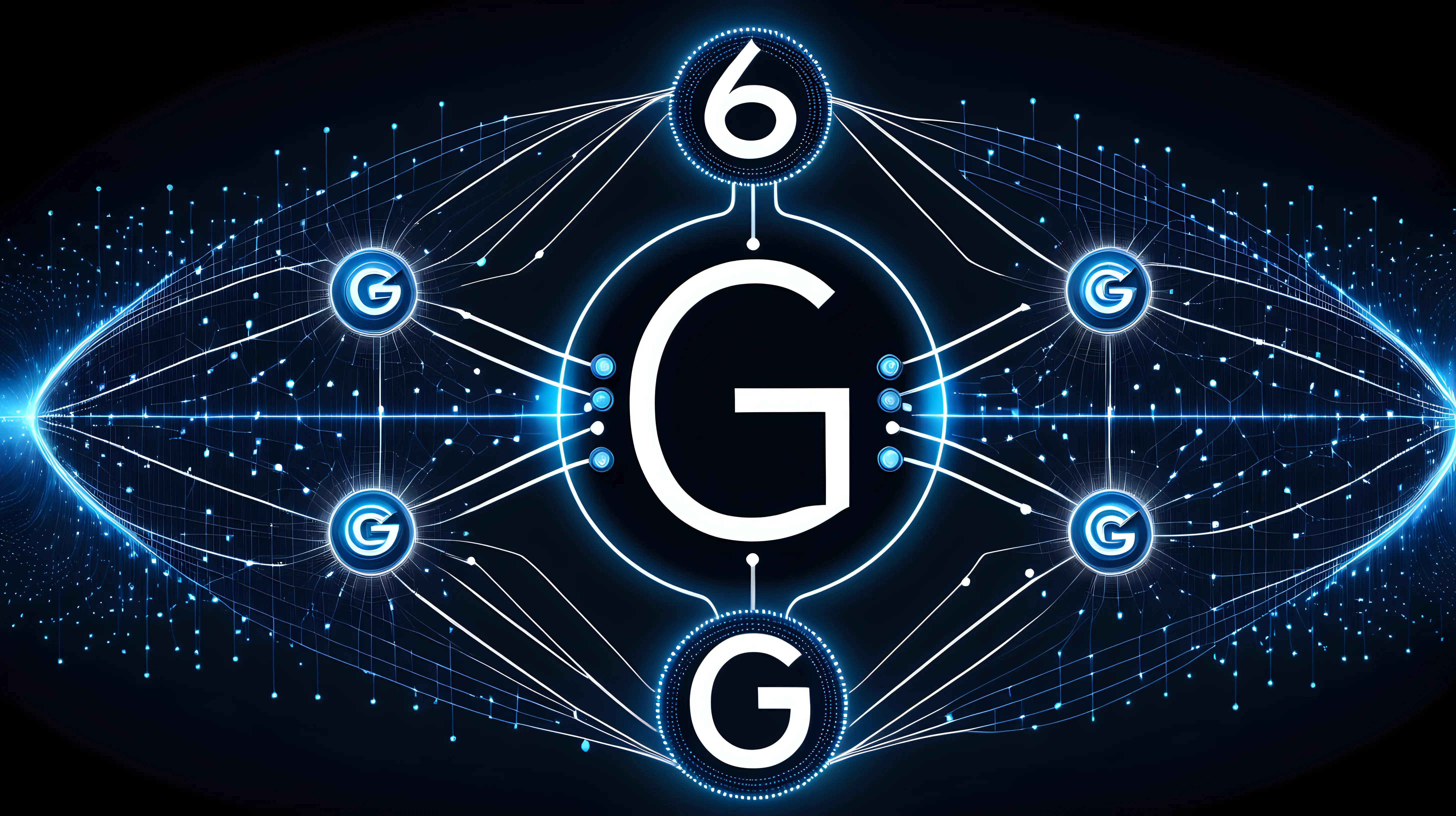 ]An abstract representation of data streams and connectivity pathways with the central focus on the illuminated "6G" emblem, illustrating the speed and efficiency of sixth-generation networks.