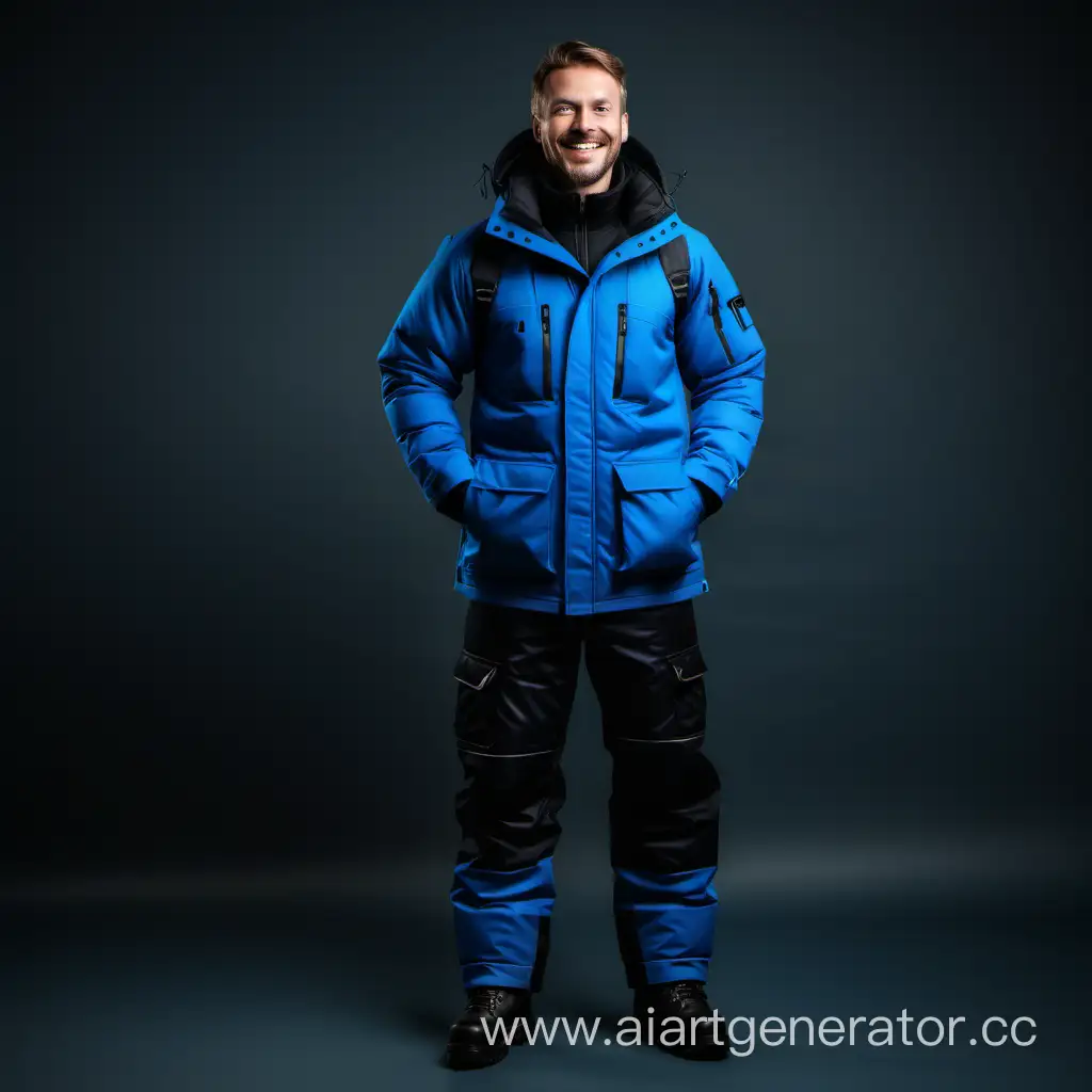 beautiful insulated warm workwear strong nordic man smile black blue front view full length
