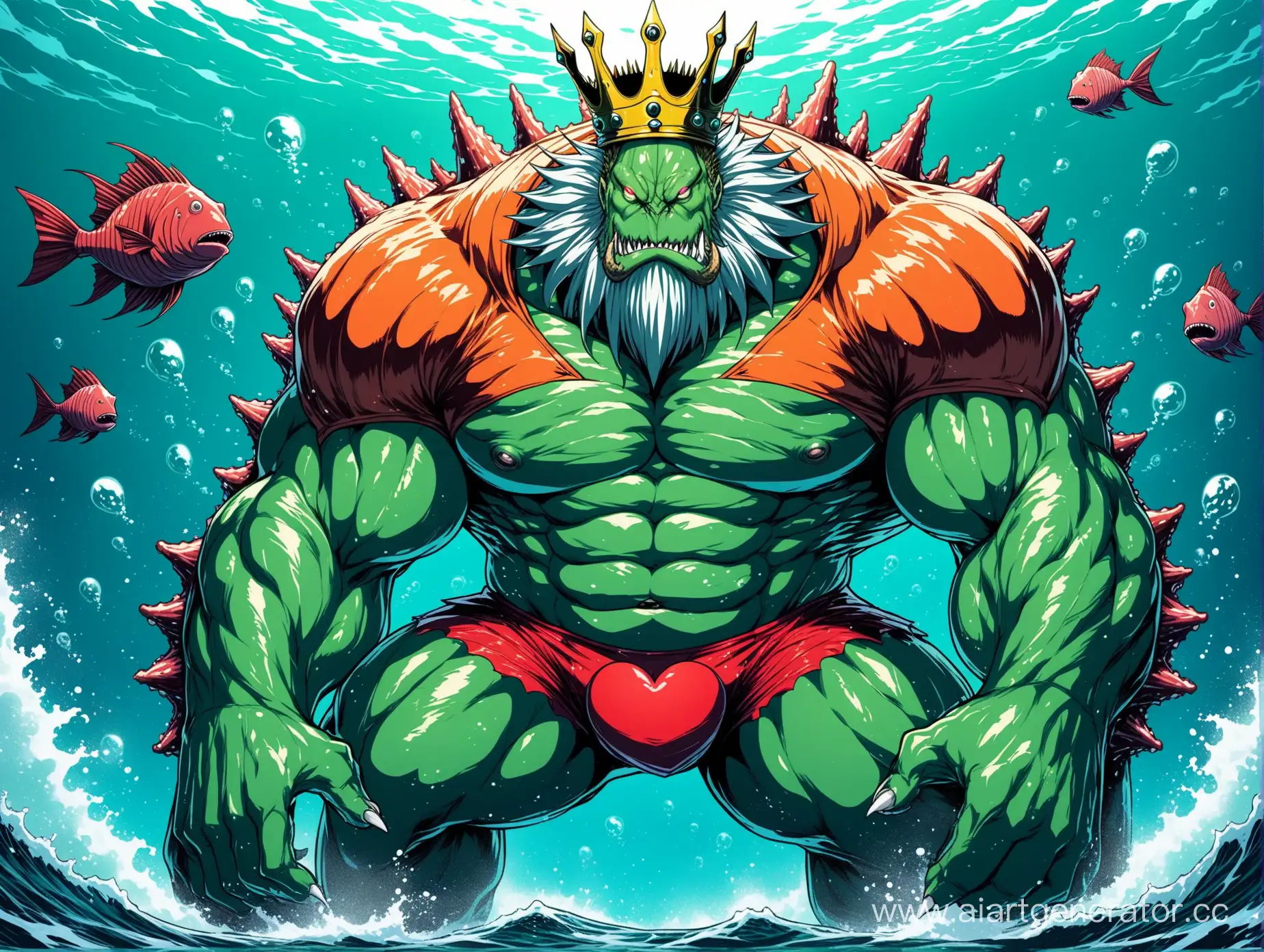 Морской король из OnePunchMan, монстр, гигантский, огромные мускулы, голова удильщика, зелёная кожа, корона, сердца на груди, белая грудь, красные трусы.
