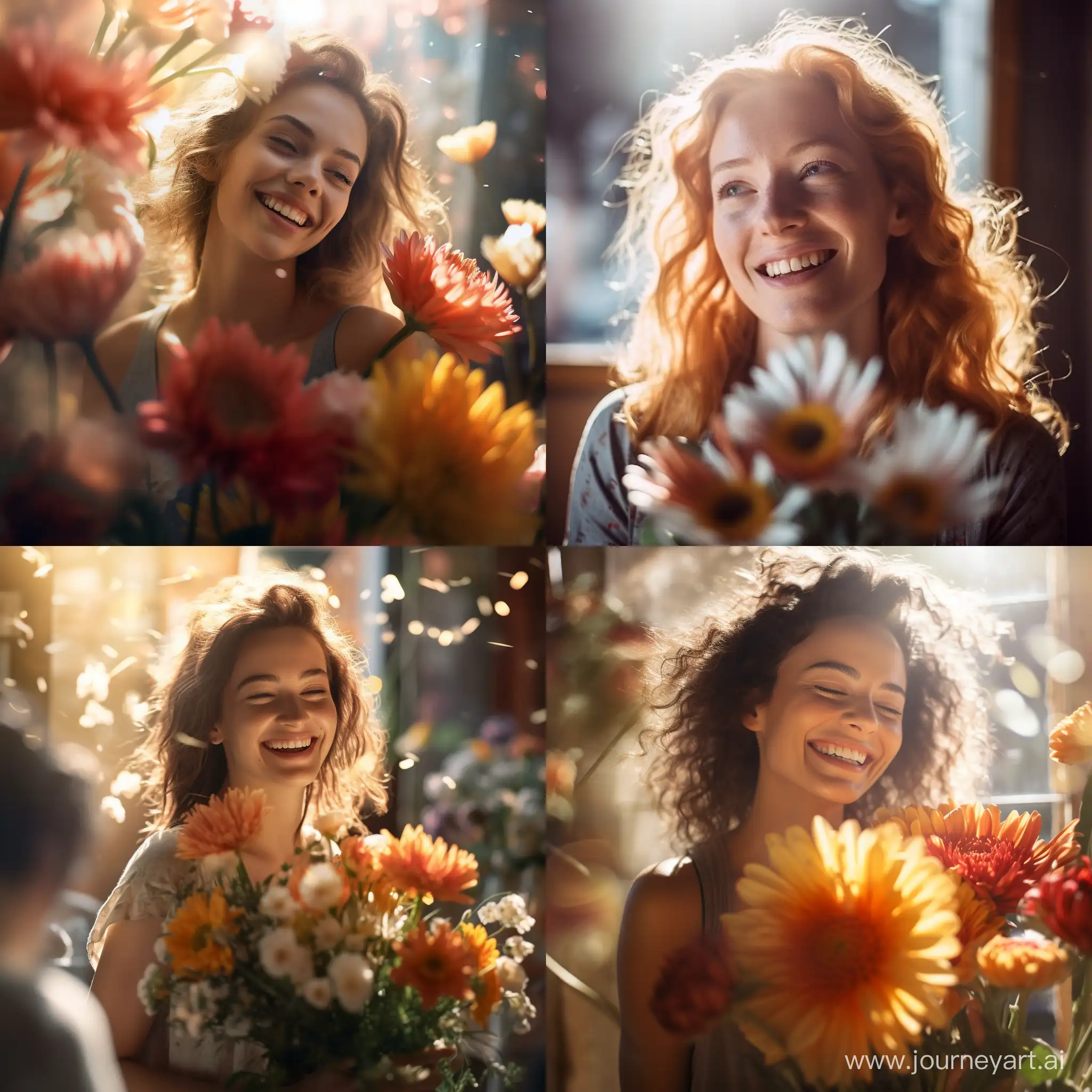Joyful-Woman-Receives-Sunlit-Bouquet-in-Heartwarming-Surprise-Moment