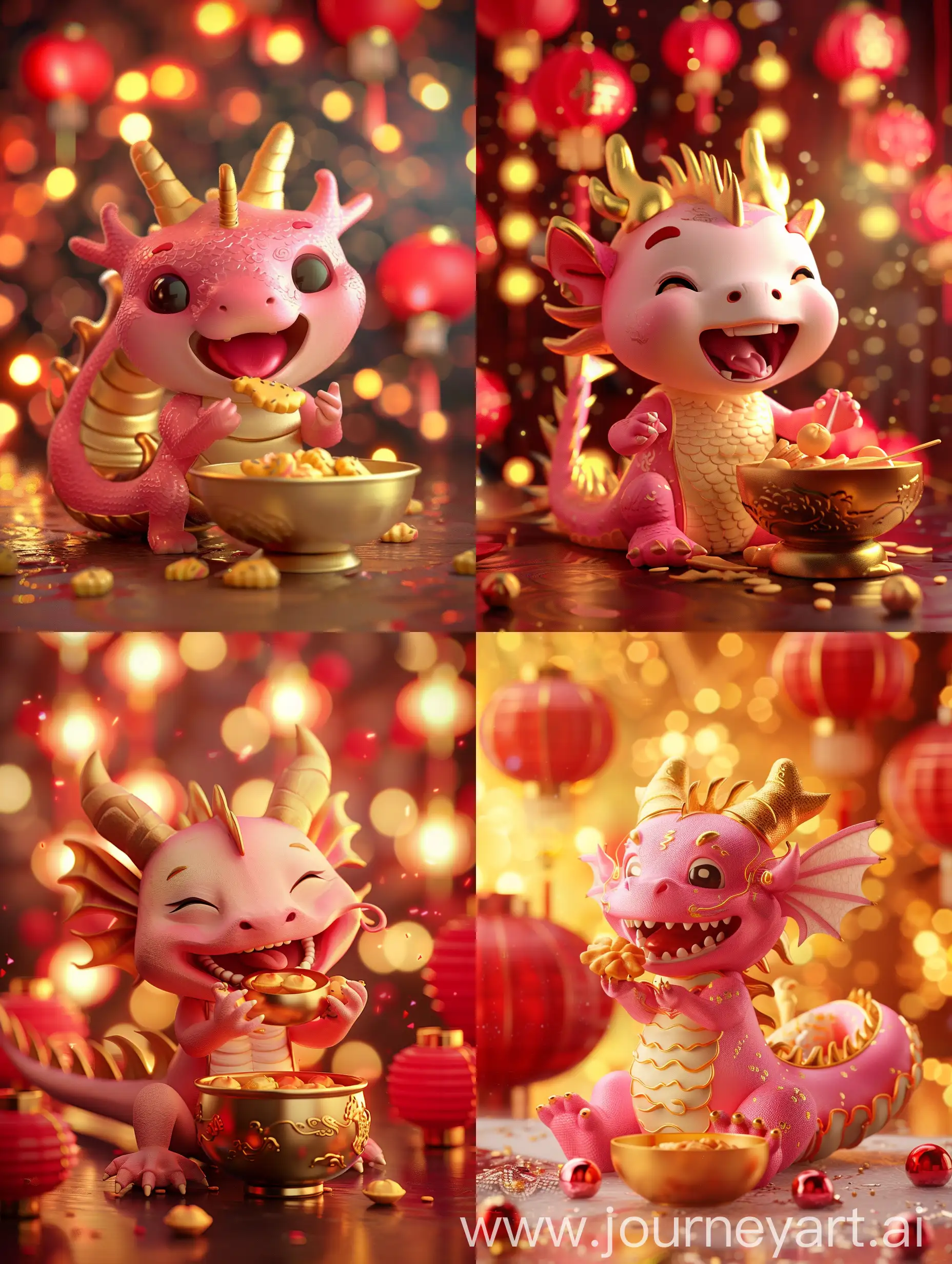 Cute 3D Pink (90%) and Gold (10%) kid Chinese dragon with benign smile eating Tang Yuan from a golden bowl. Red Chinese lanterns in the background bokeh