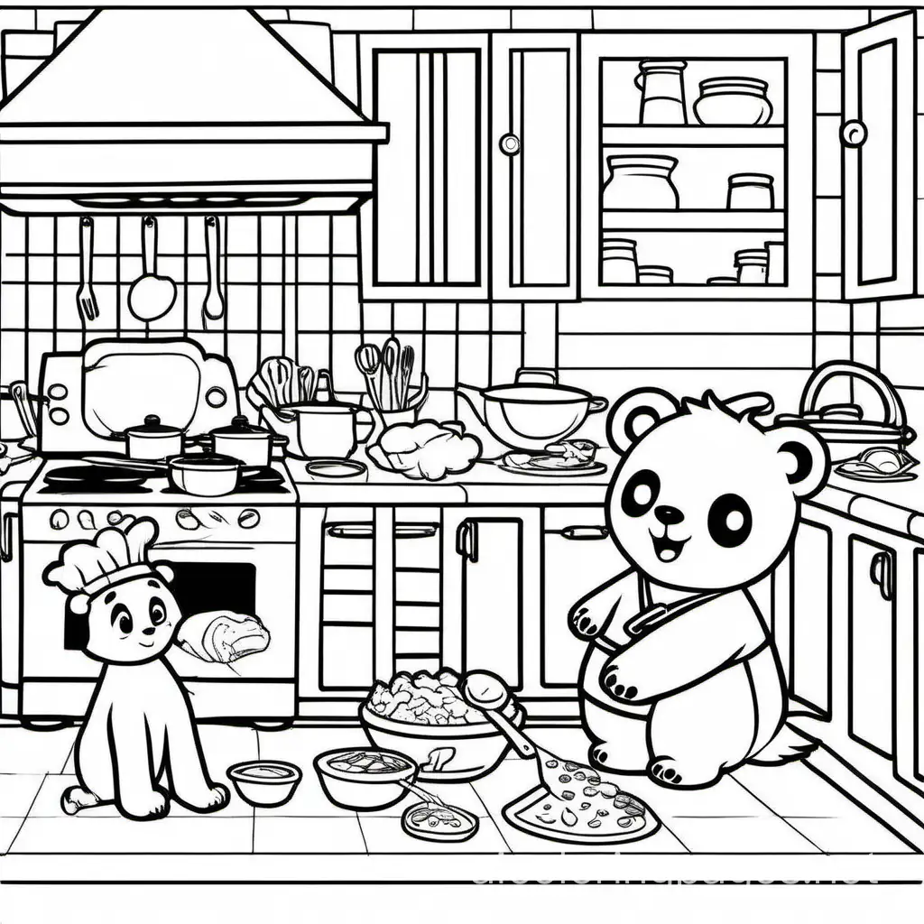 Little panda bear with a dog cat, bear cooking in kitchen , Coloring Page, black and white, line art, white background, Simplicity, Ample White Space. The background of the coloring page is plain white to make it easy for young children to color within the lines. The outlines of all the subjects are easy to distinguish, making it simple for kids to color without too much difficulty