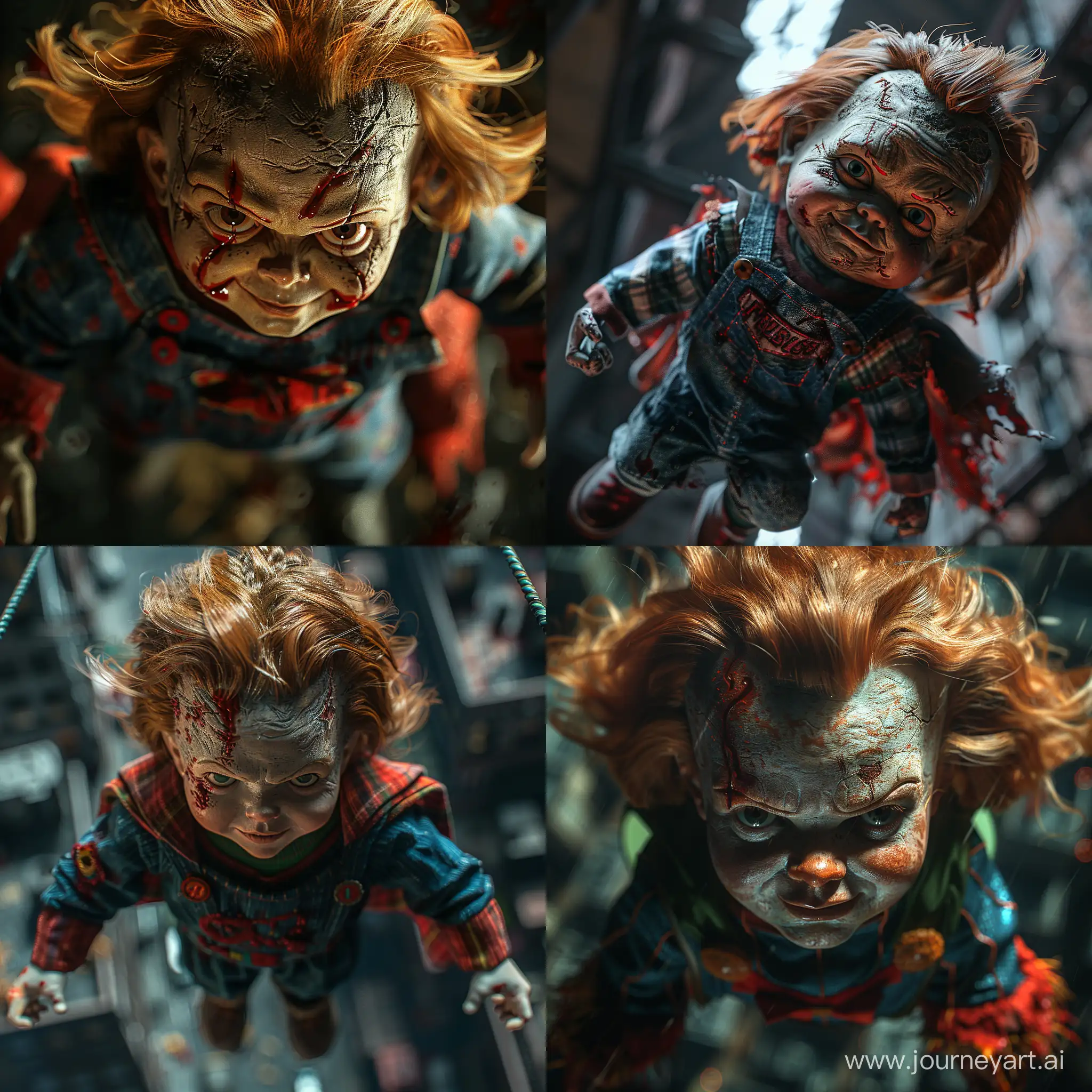 realistic horror Chucky , looking down, cinematic, dark, prime 1 studio, (awe-inspiring:1.1), majestic, pompous, (floating in mid-air:1.5), (leviating:1.5), extreme detailed, flowing cape, chiaroscuro, harsh shadows, bloody highly detailed --style raw --stylize 500
