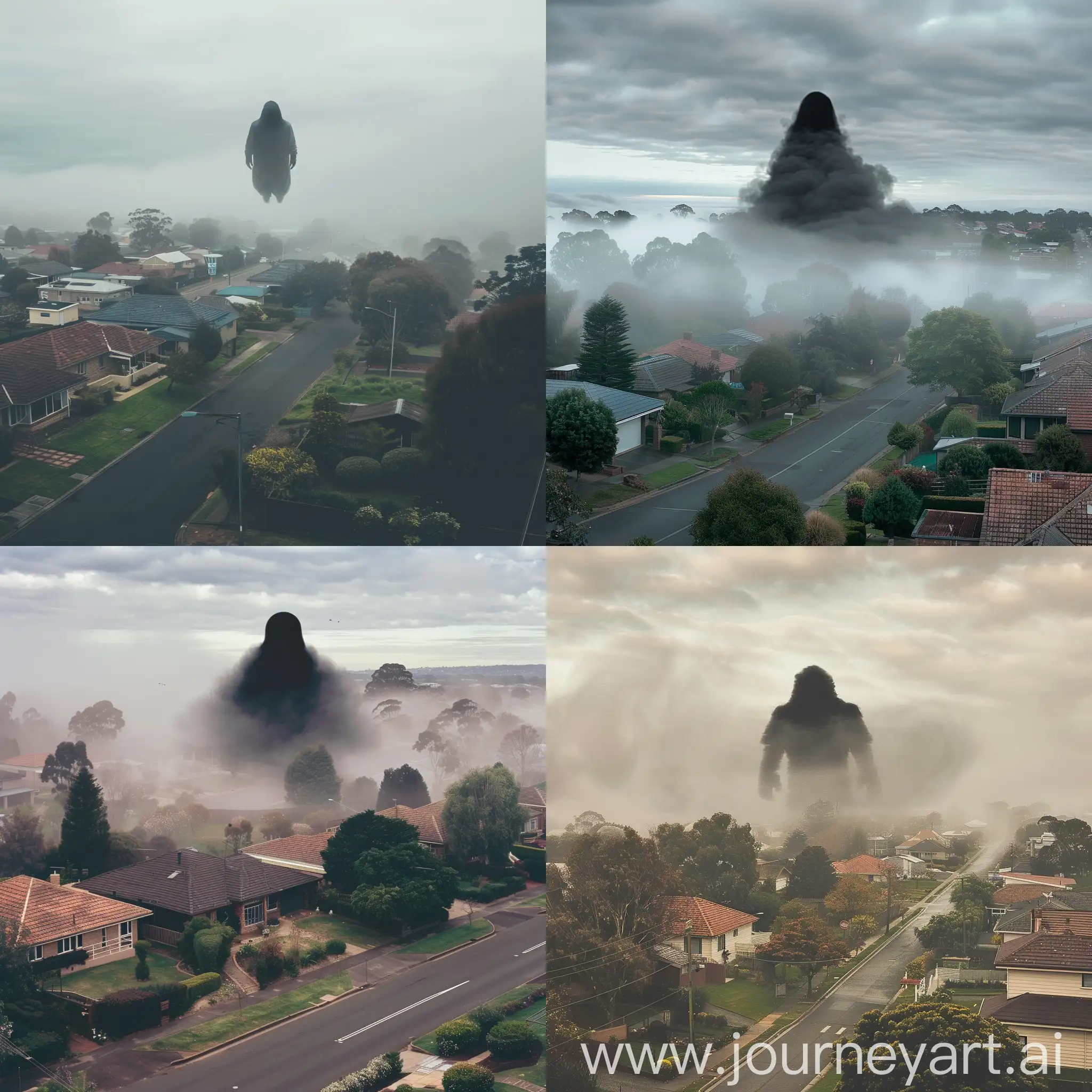 photo of a foggy sprawling black figure floating in a suburb, houses, streets, gardens, trees, foggy skyphoto of a foggy sprawling black figure floating in a suburb, houses, streets, gardens, trees, foggy sky