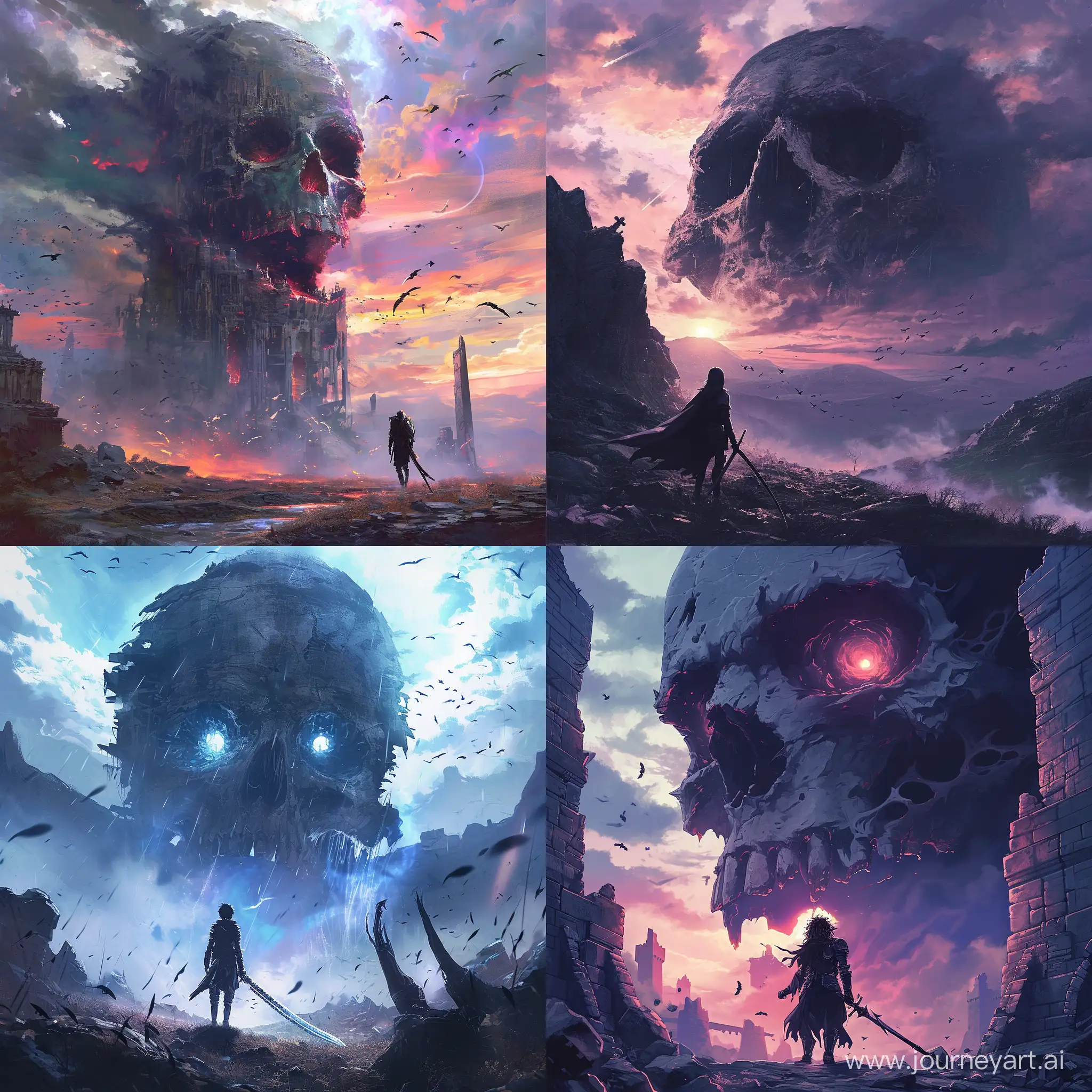 Anime::2 kawaii:2, a warrior stands in a desolate land with a giant skull looming above them. The warrior is equipped with a sword and shield, there is a skull with glowing eyes in the background. The scene is set at dusk, there are crows flying around, Anime style, kawaii, высокое разрешение, высокая чёткость, чёткое изображение, микро детализация, высокая детализация, ультра реализация, максимальная детализация, много деталей, глубокие детали, детальное изображение, четкие линии. --v 6