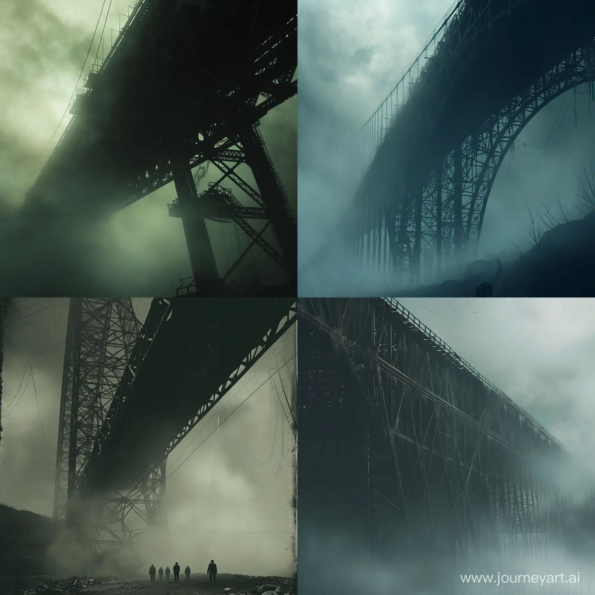 an image of a giant bridge in the mist, great depression, atlas shrugged inspired, eerie, chaos