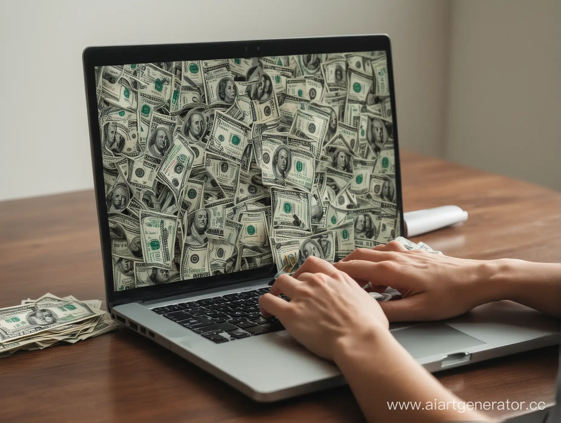 Person-Sitting-at-Table-with-Dollars-Pouring-Out-of-Laptop-Screen