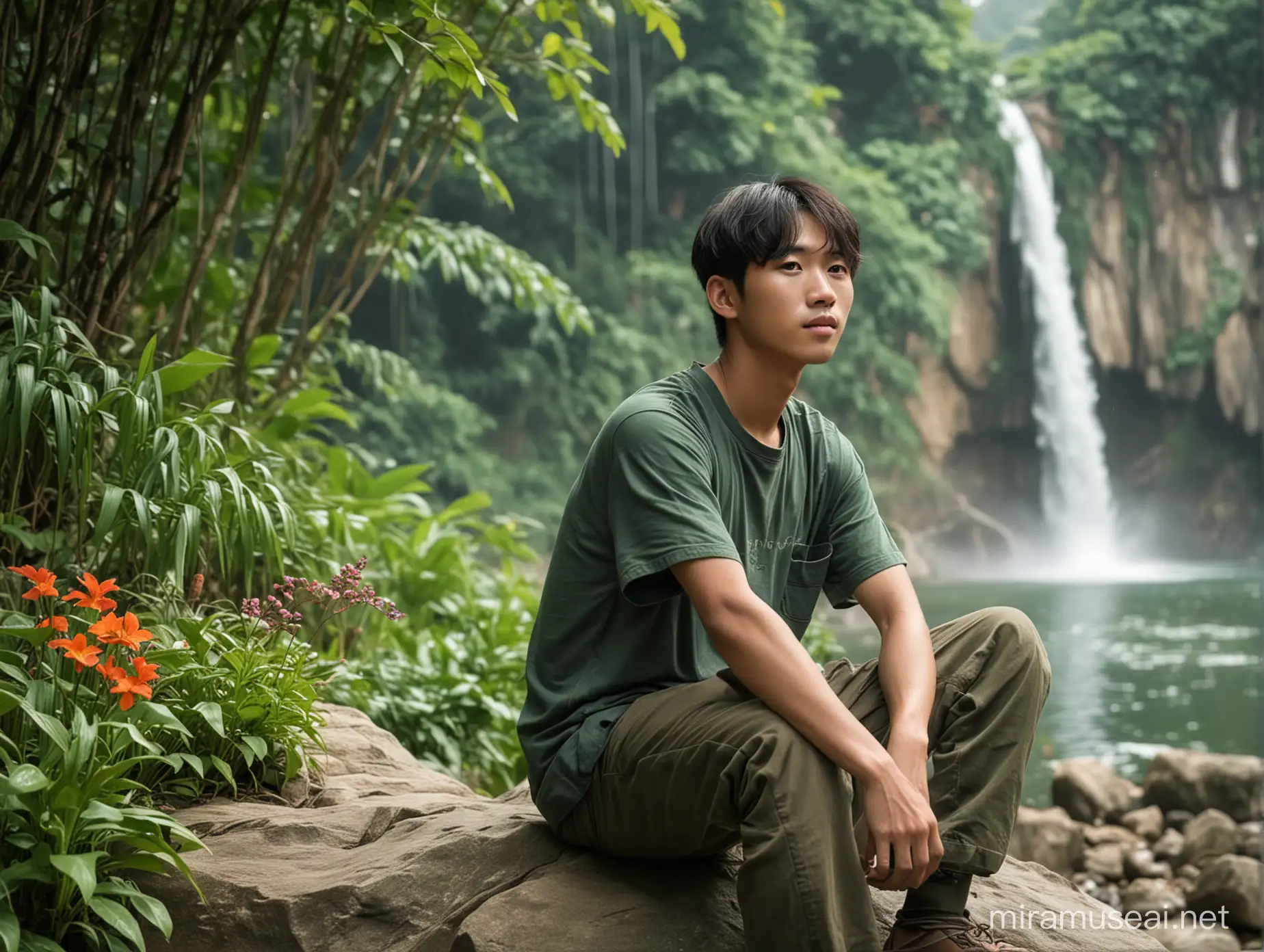 korean boy  amazon jungle, aged 25, with a clean face, sitting on a rock, wearing a green , There is a waterfall in the background, a lake, and various flowers, lots of animal around him bird land animal and many more