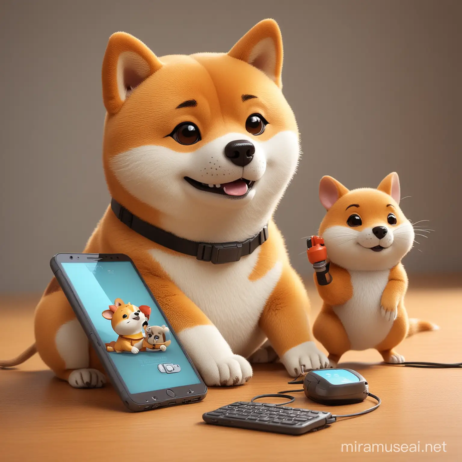 A cartoon shiba dog and mouse who are best friends the dog has his arm round the mouse and they hold mysterious electronic devices in their hands