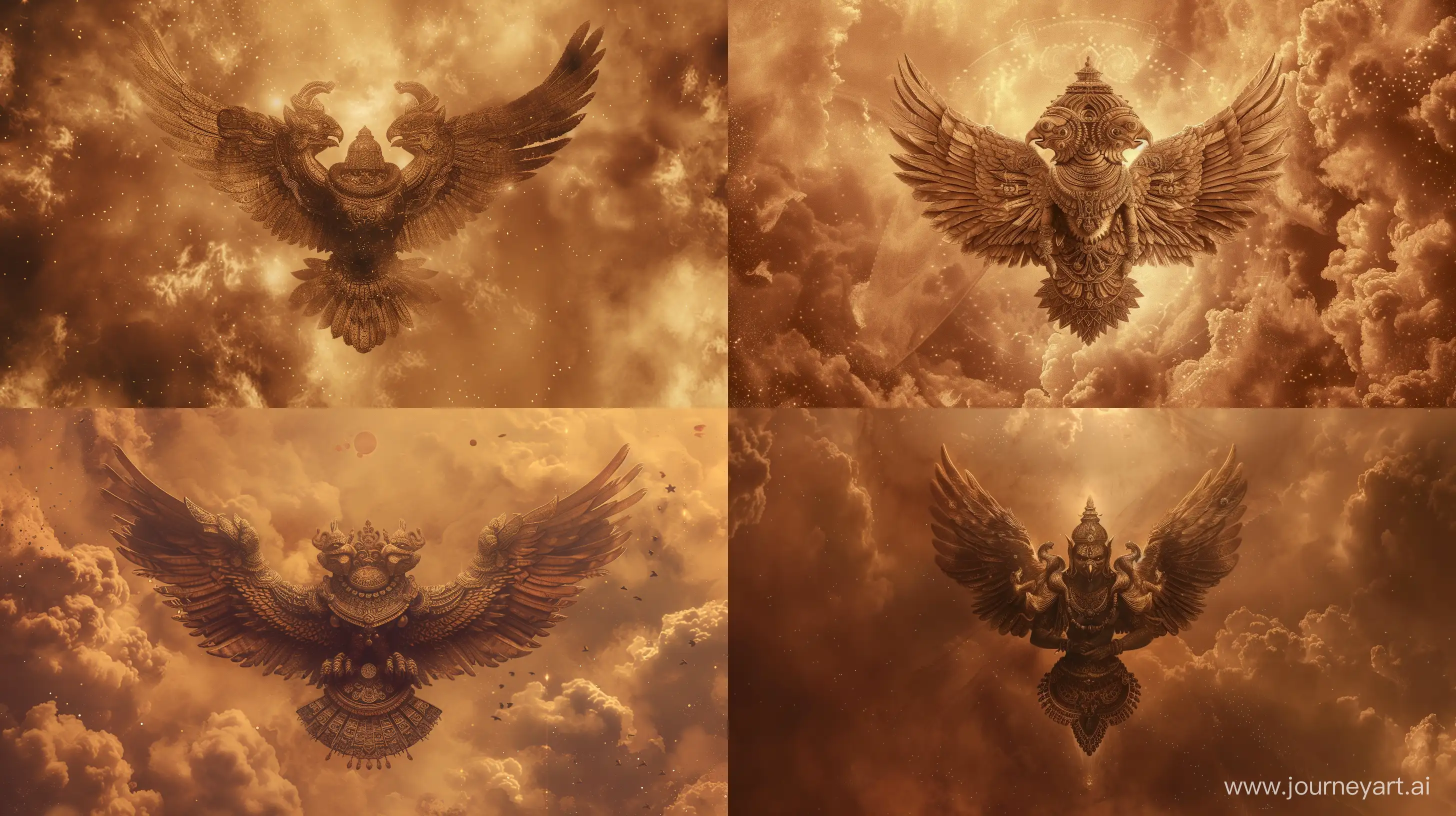 16:9 aspect ratio image of a two-headed Eagle from Hinduism, floating in the celestial sky, intricate details, 8k quality images, brownish toned --ar 16:9 --v 6 --v 6 --ar 4:3 --no 86122