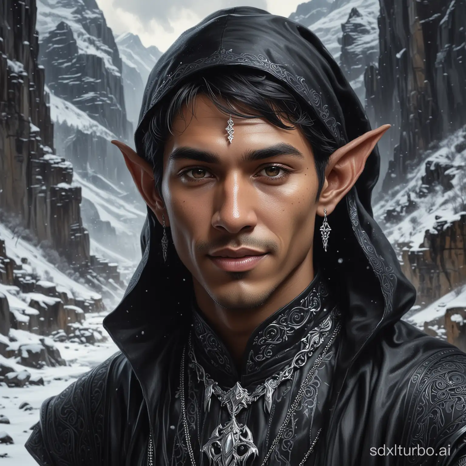 Stunning 4K airbrush oil painting of an Indonesian elf man. He wore a long, dark black coat and wore a metallic necklace with an intricate design. His face was partially hidden by a hood, and his sharp gaze was focused on the task at hand while smiling slightly, revealing his canine teeth. The background features a snowy winter canyon with icy cliffs and a dark and mysterious atmosphere. Portraits are created with an emphasis on the contrast between the character's features.