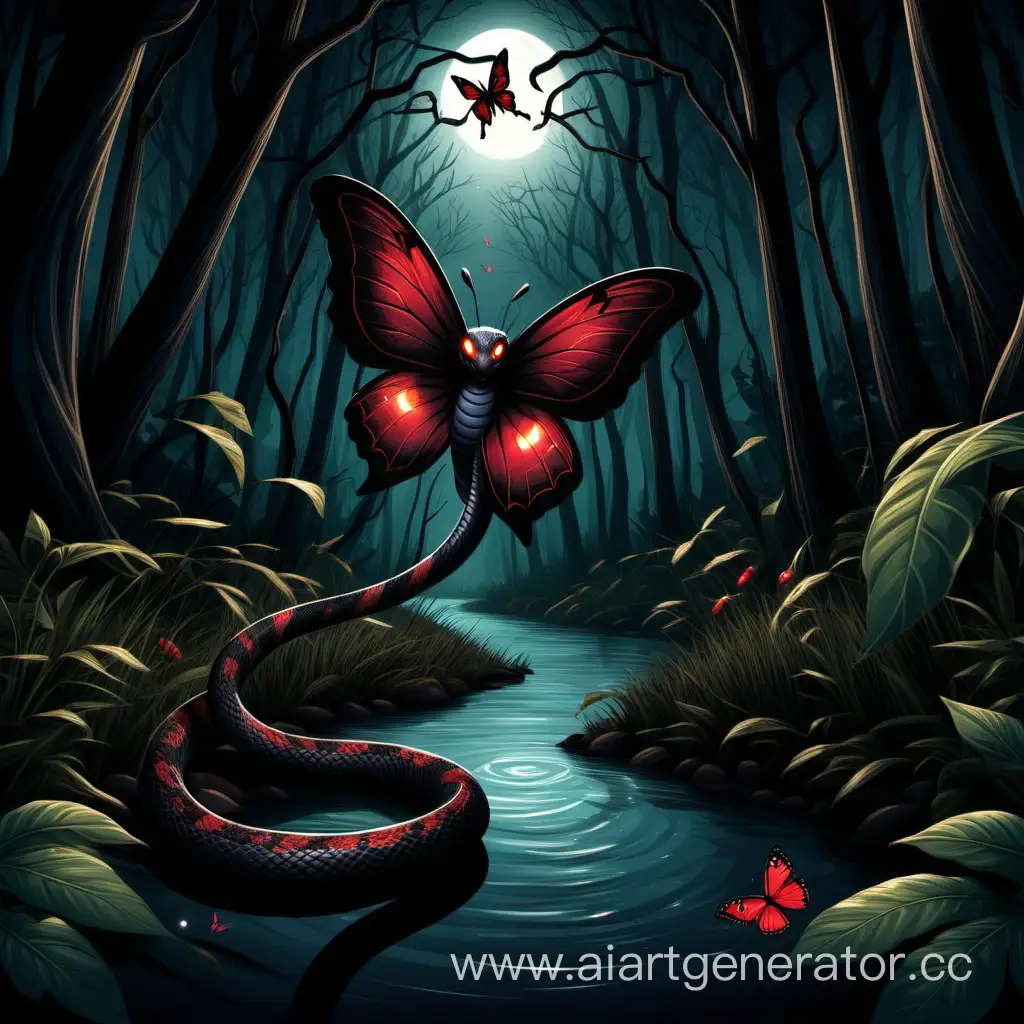 Enchanting-Night-Mystic-Forest-with-Cobra-Snake-and-Fluttering-Butterfly