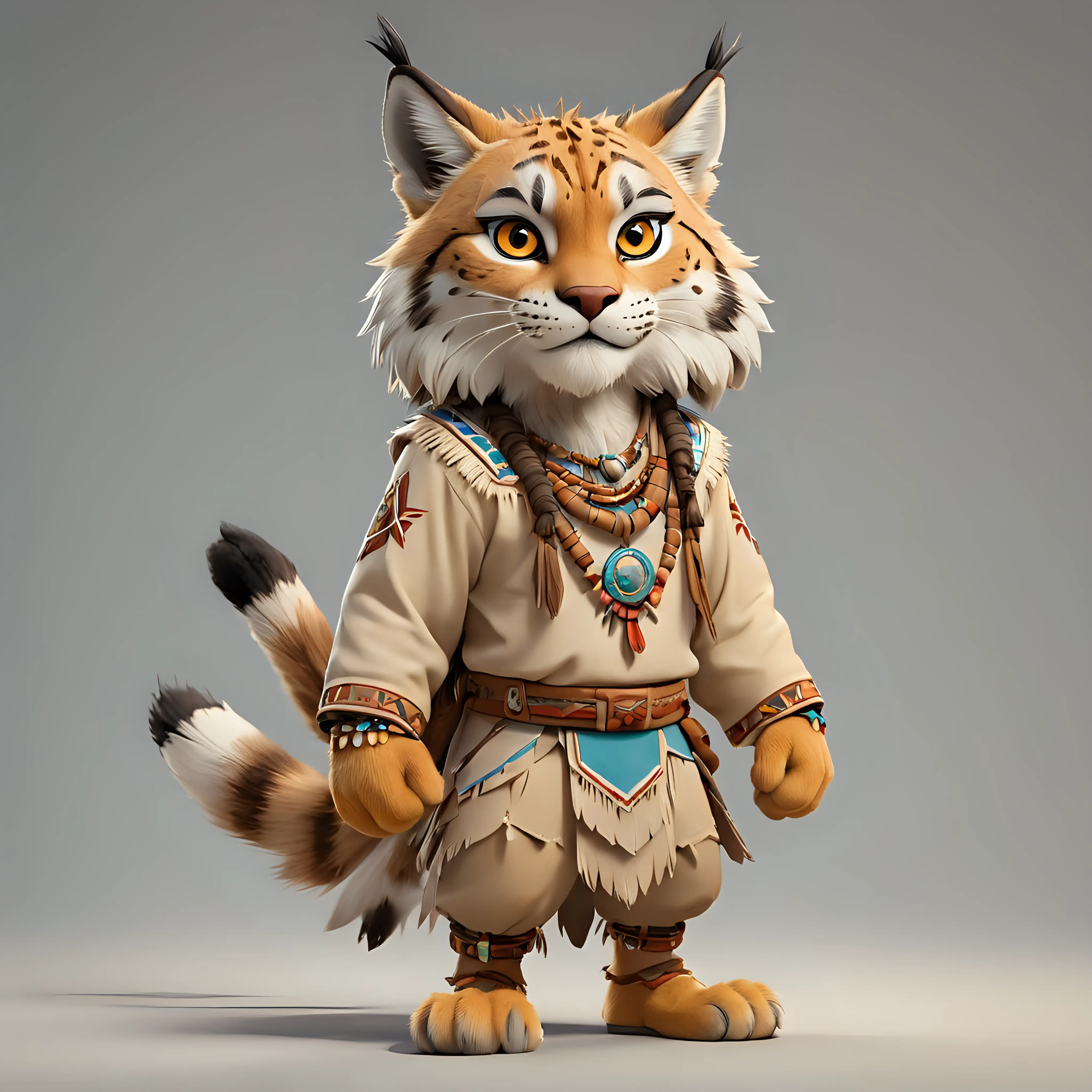 a lynx in cartoon style, full body, American Indian clothes, with clear background