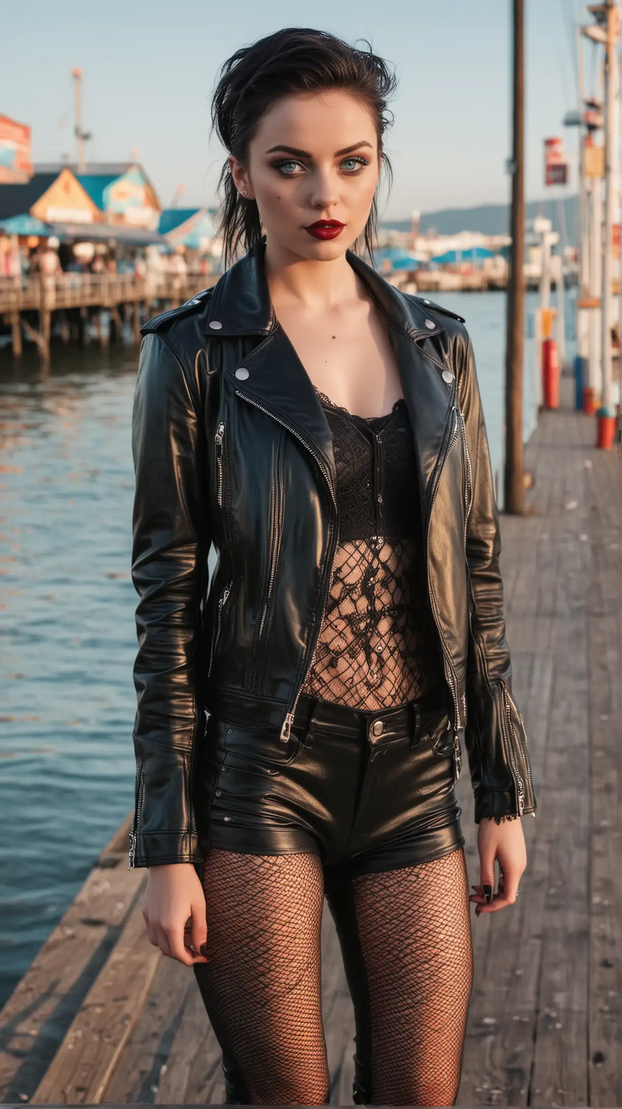 Edgy Young Woman with Piercing Blue Eyes Walking on Pier Near Funfair