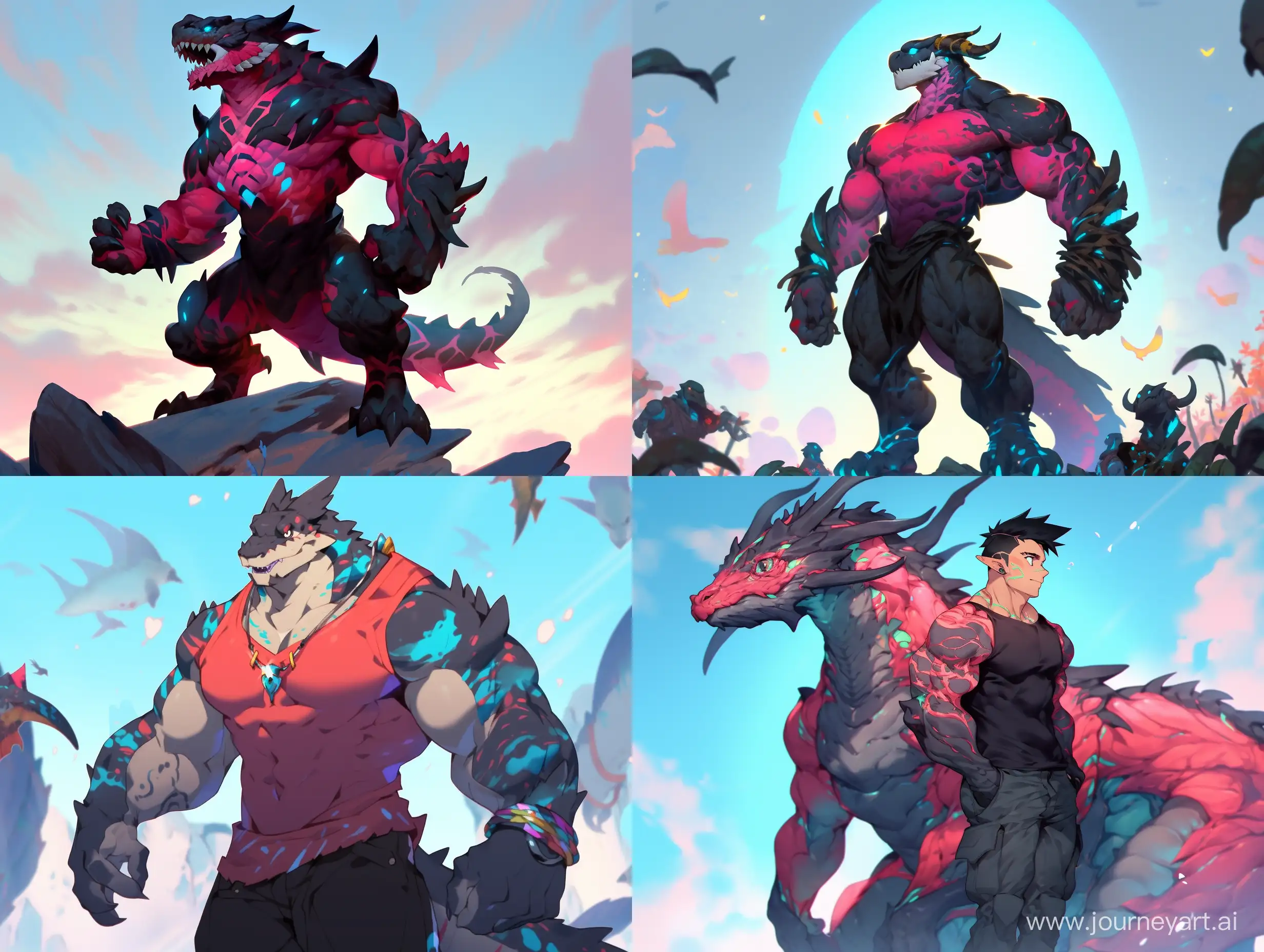 red anthropomorphic dragon with muscles and without scales, black shirt, cyan sky with cinematic light, cg ovopack art with hard strokes --niji 5