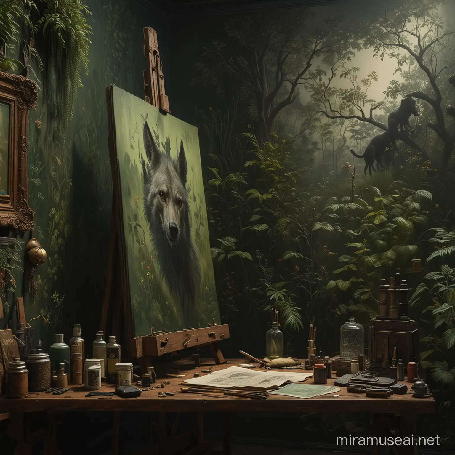 Surrealist oil painting, Leonora Carrington, a mystic woman with brown hair is painting at her easel in a dark room, her painting shows a hyena and ghosts, the walls are covered with green chinoiserie wallpaper full of trees,  furnitures are old, weird and antique, magic, witchcraft, ghosts, high quality, 8k, LSD DMT, trending on artstation, perfect composition, beautiful detailed intricate insanely detailed, artistic, concept art, soft natural volumetric cinematic perfect light, chiaroscuro, award - winning, masterpiece, oil on canvas, raphael, caravaggio, greg rutkowski, beeple, beksinski, giger, Jacob Lawrence and Francis Picabia, neon ambiance, abstract black oil, gear mecha, detailed acrylic, grunge, intricate complexity, rendered in unreal engine, photorealistic