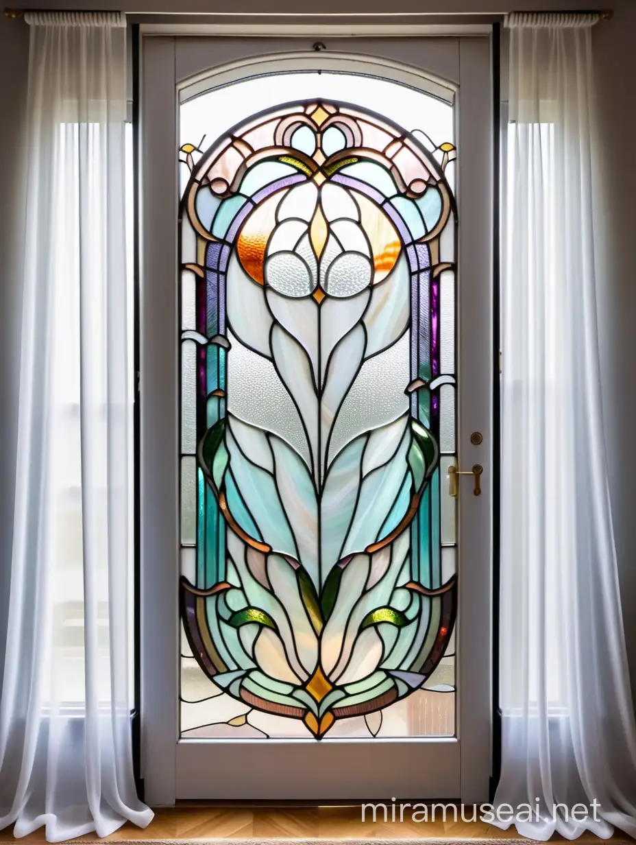 витраж "абстракция"на двери, из белого и прозрачного стекла тиффани, в стиле ар нуво на фоне штор из белой органзы