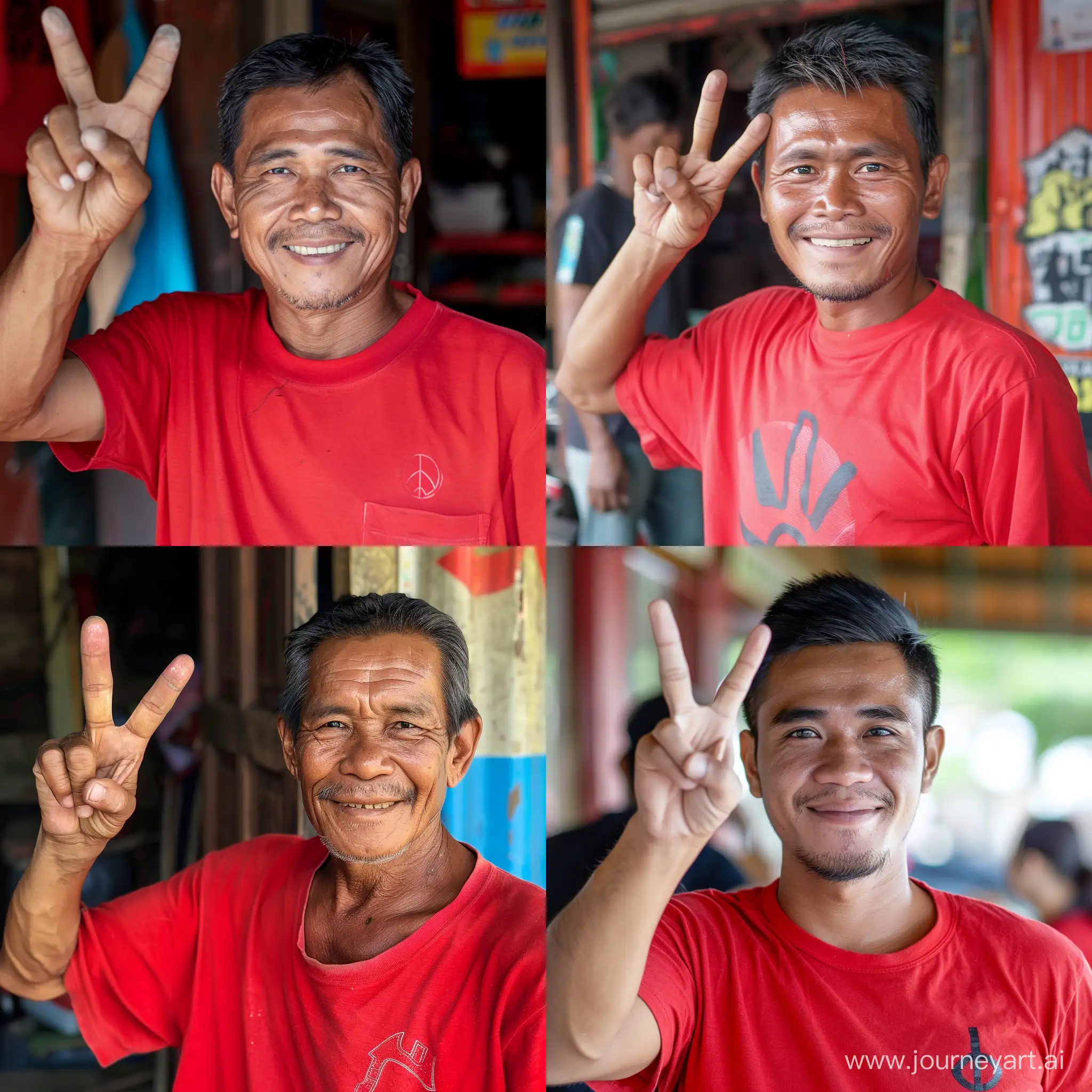 Foto seorang pria indonesia,baju hem merah,tanda dua jari,tersenyum