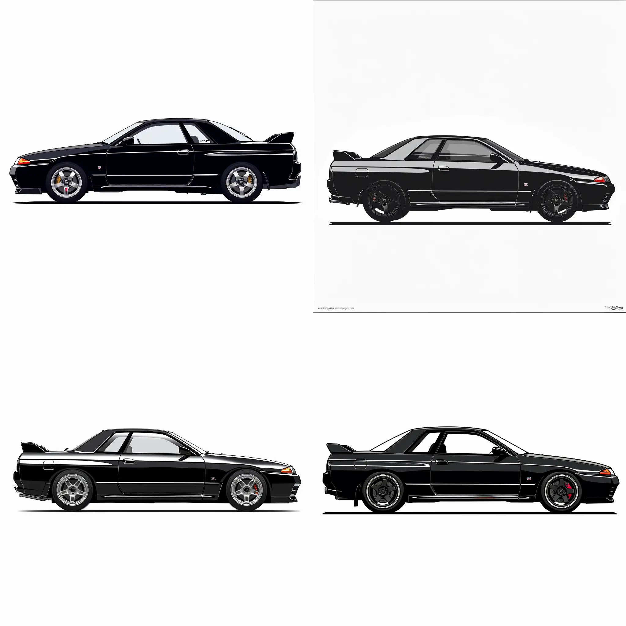 Minimalist 2D Side View Illustration of: Onyx Black Nissan Skyline R32, Simple White Background, Affinity Designer Software, [No shadow], High Precision