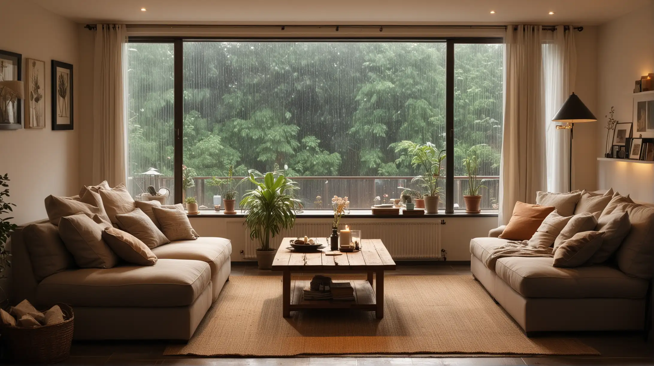 very cozy livingroom  with cozy bead and outside raining