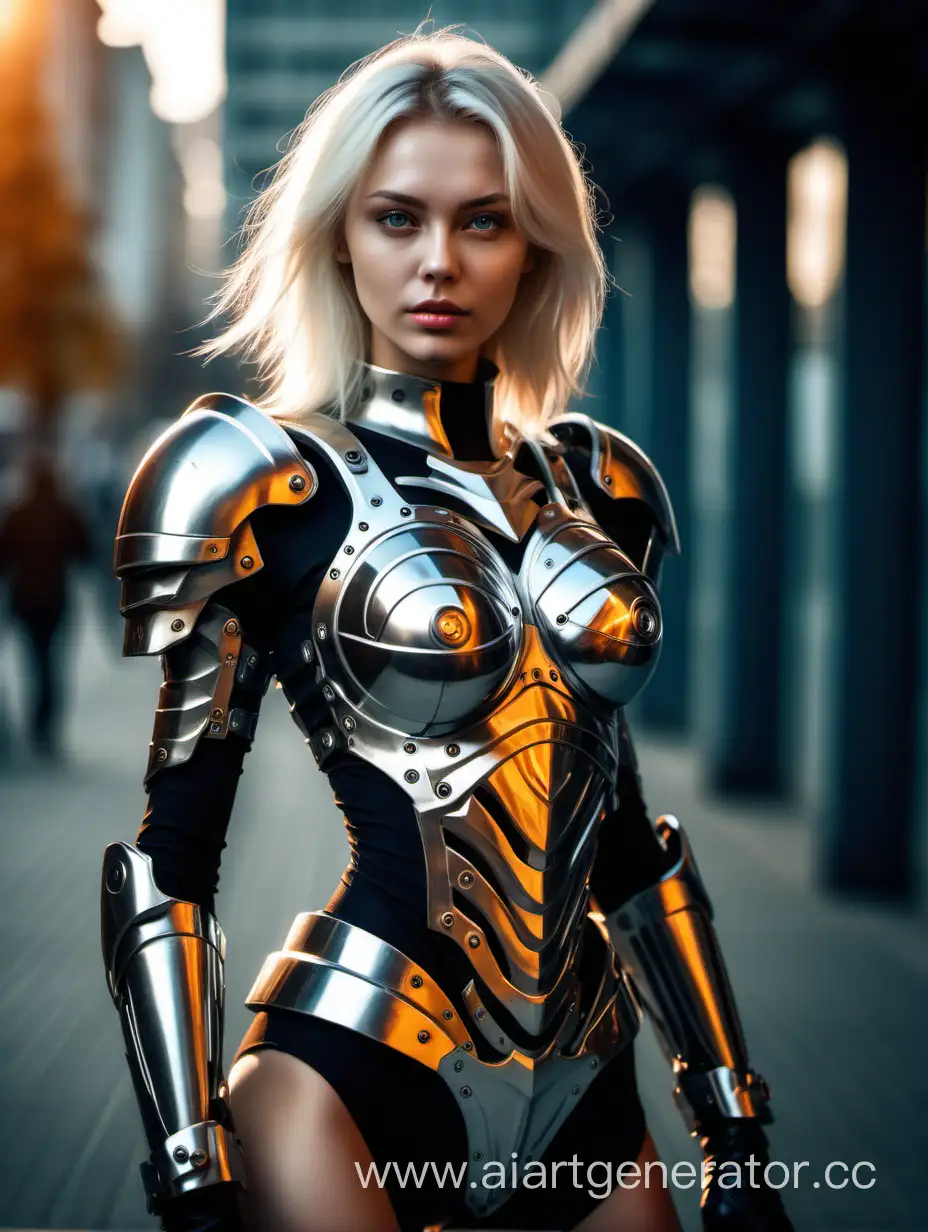 Photo of a beautiful russian model looking at camera, full body, wide shot, detailed skin, film photography, perfect body, realistic, sharp focus, very detailed, 4K HQ, depth of field, f/1.2, Leica, 8K HDR, High contrast, shadows, bokeh, platinum blonde hair, sci-fi armor