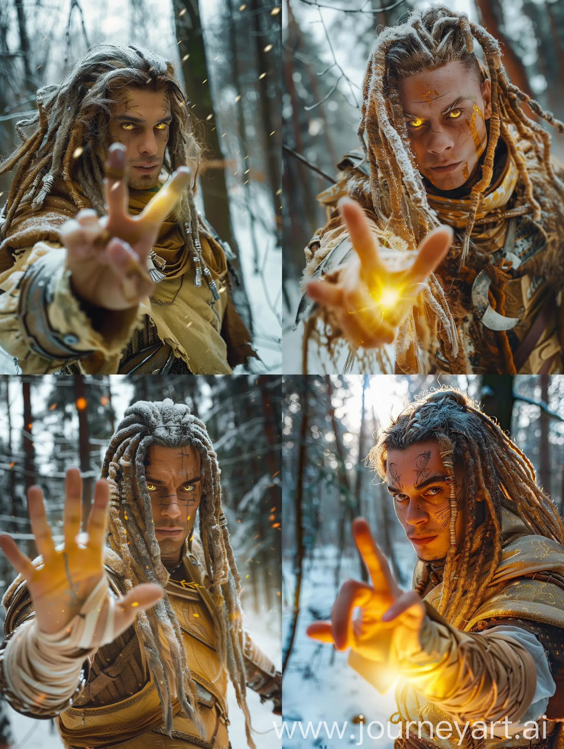Cinematic, high key photo, medieval man with Egyptian traits strong and determinate in a winter forest making a open hand sign light. his expression is wise relaxing.he is a witcher with golden brown and silver dread very 
long hair and bright honey cat eyes and with scars. dressing in a medieval armour with light yellow and brown colours. directed by James Cameron, shot with Arriflex 35BL Camera. Canon K35 Prime Lenses, 80 mm -- style raw