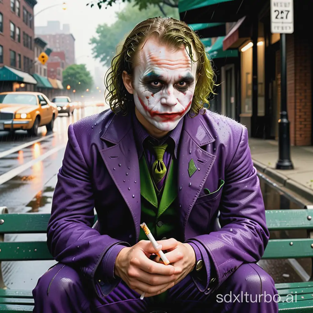 Heath Ledger as The Joker from The Dark Knight, sitting on a bench, holding a cigarette on a suburban street in New York, rainy, highly detailed