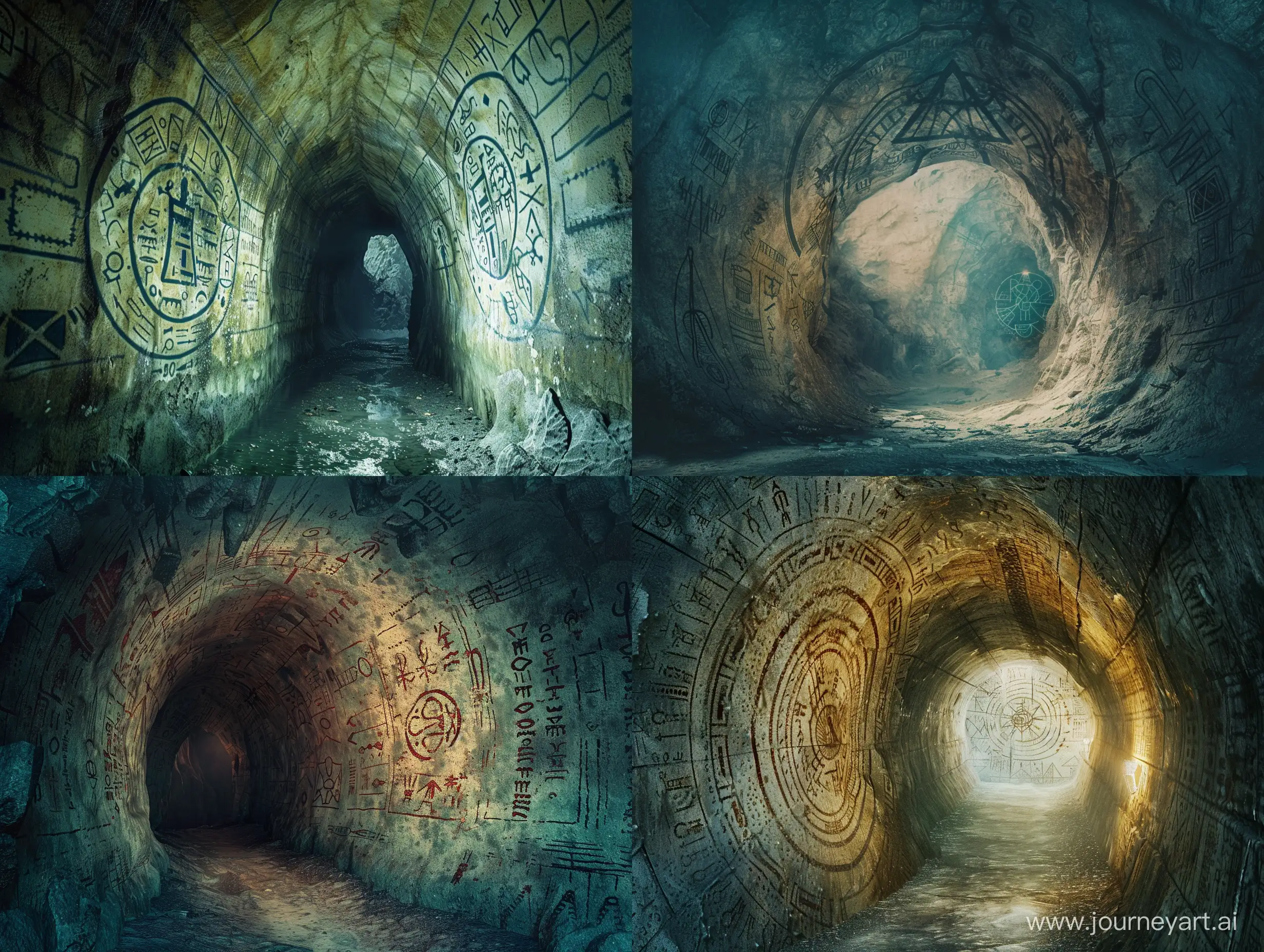 8k, Before you is a mysterious tunnel, created using ancient unknown technology, like a portal to the past. Its walls are decorated with mysterious drawings, symbols that evoke imagination and questions. The dark, mystical atmosphere of the tunnel makes you feel as if you have stepped into another dimension, where past and present merge in a marvelous dance of time. Like a key to ancient secrets, this tunnel invites us to explore its depths and unravel the mysteries hidden within its ancient walls