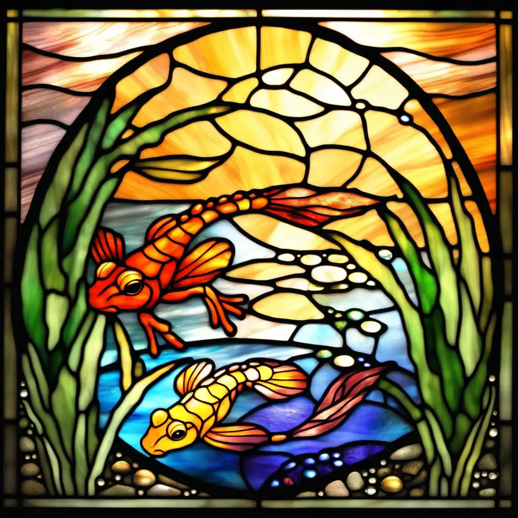   stained glass, frog, koi fish, a shrimp, in a pond, dew drops, sunset